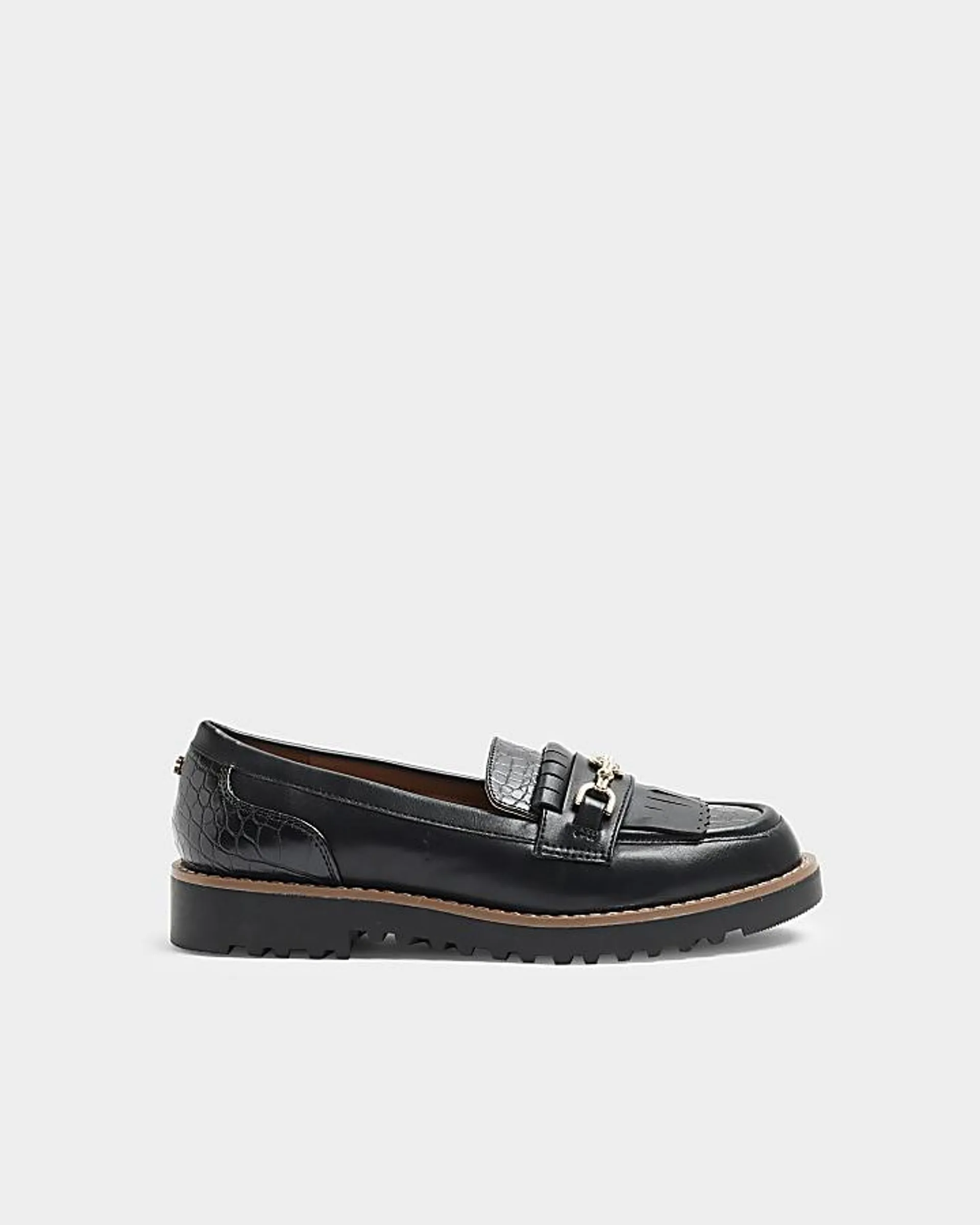 Black croc embossed fringe loafers