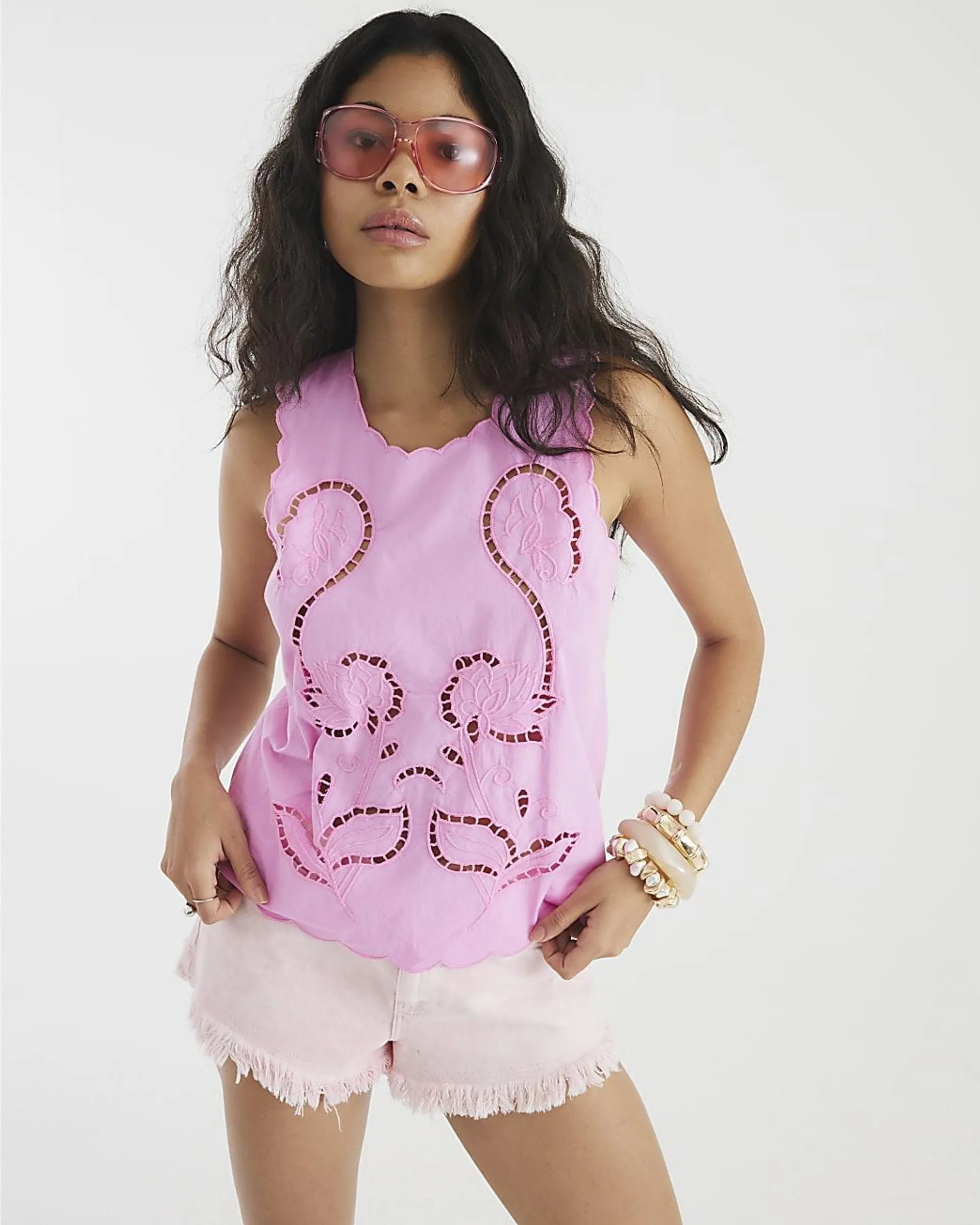 Pink Cut Work Tank Top