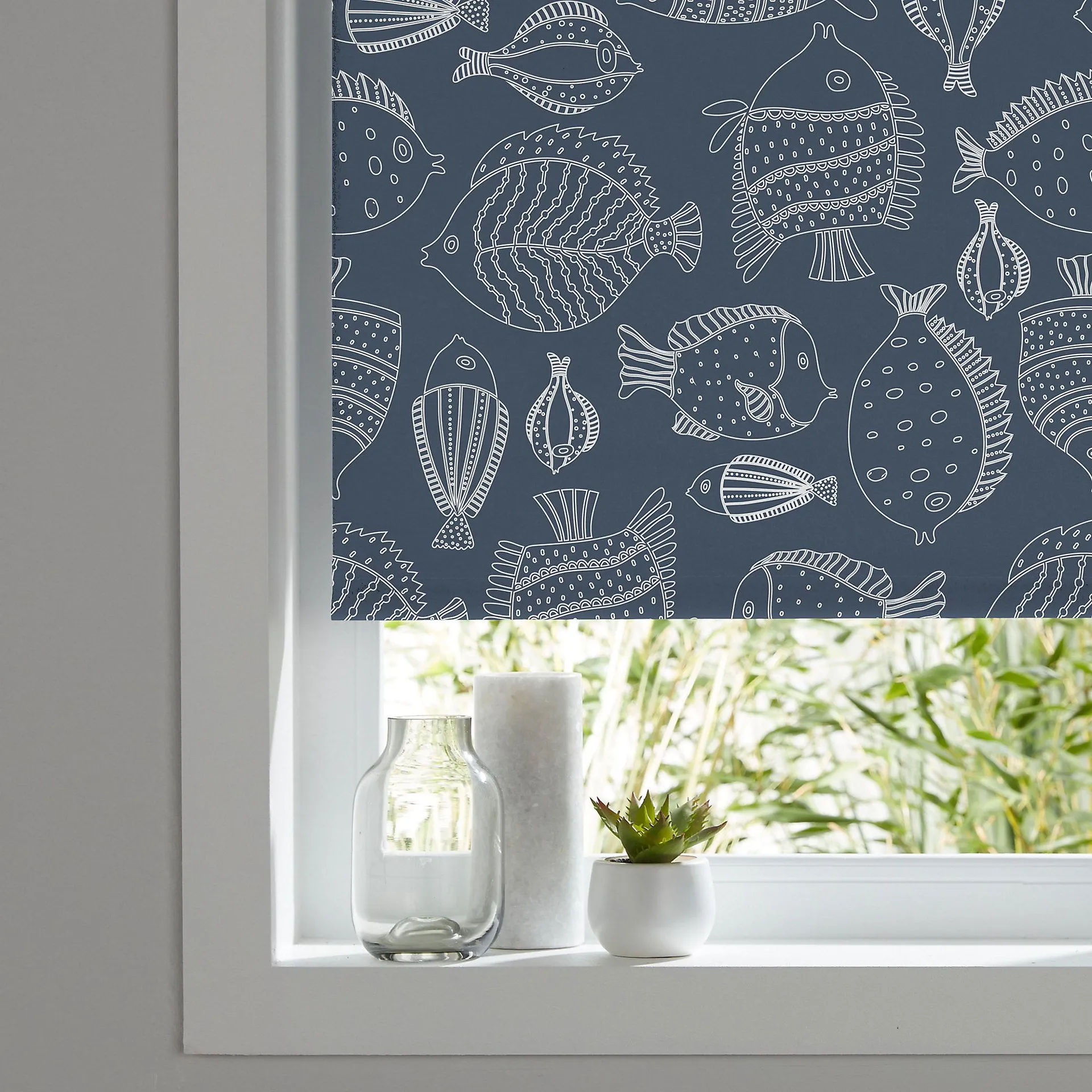 Kitchen & bathroom blinds Corded Fish print navy Blackout Roller Blind (W)60cm (L)180cm