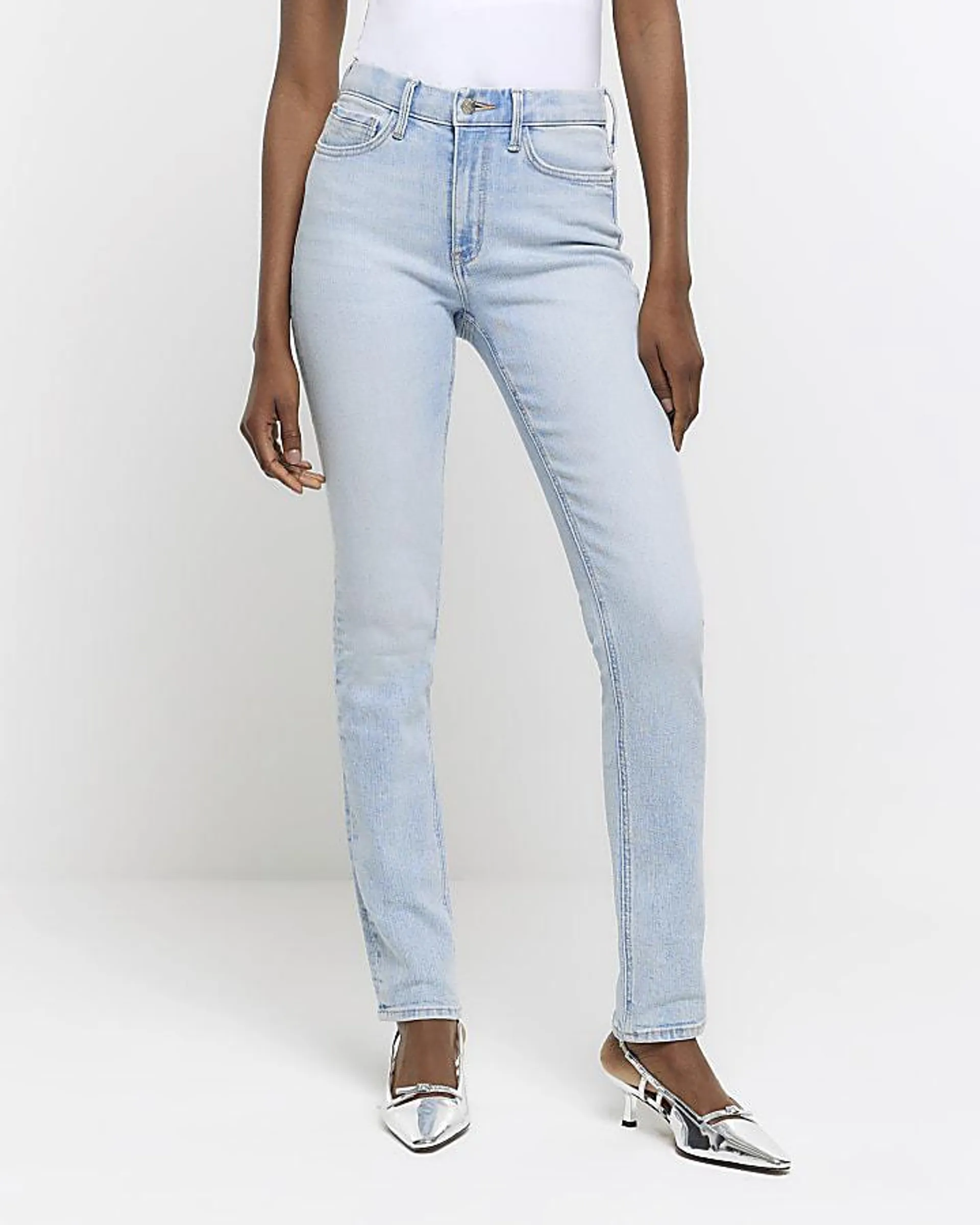 Blue high waisted slim straight jeans