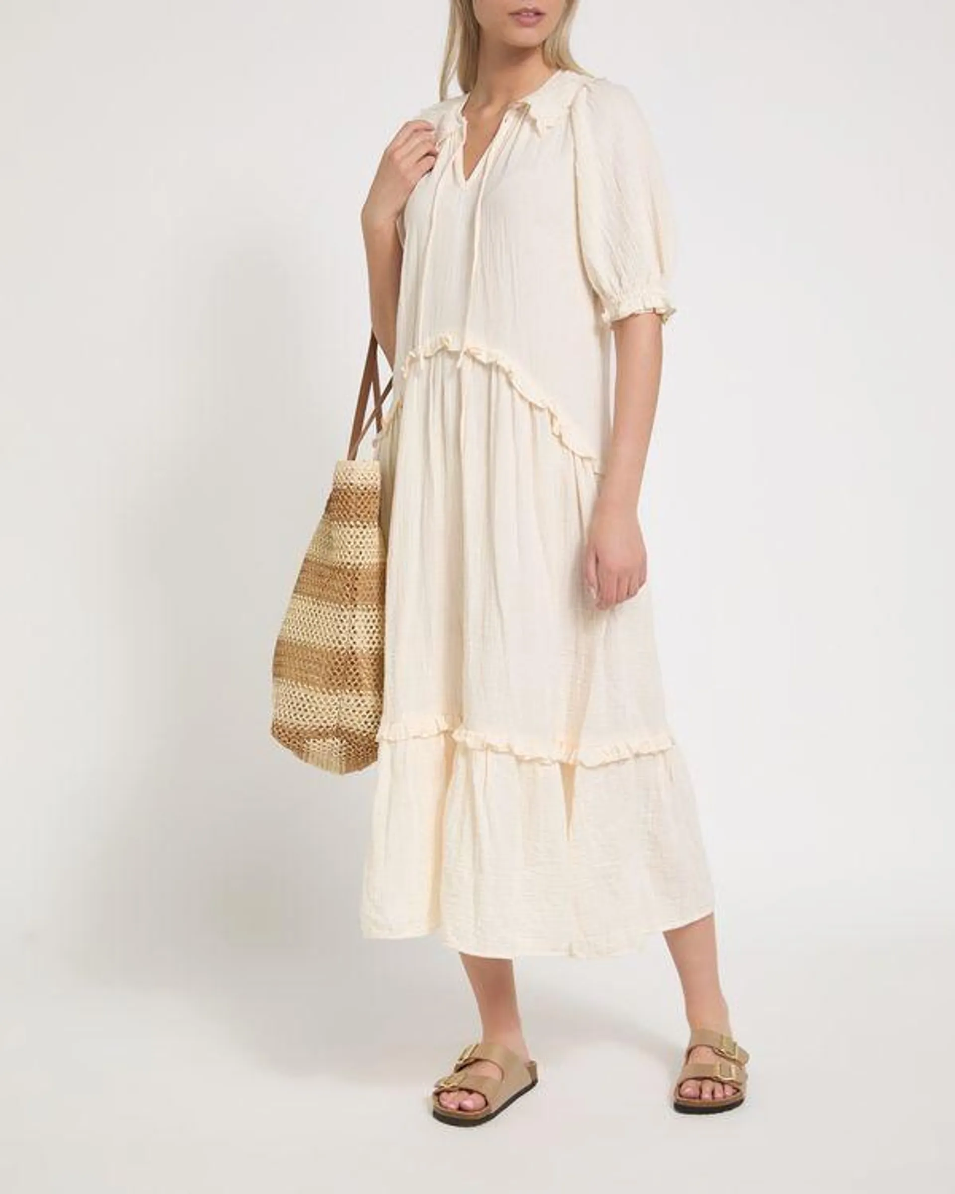 Double Cloth Cotton Midi Cream Dress