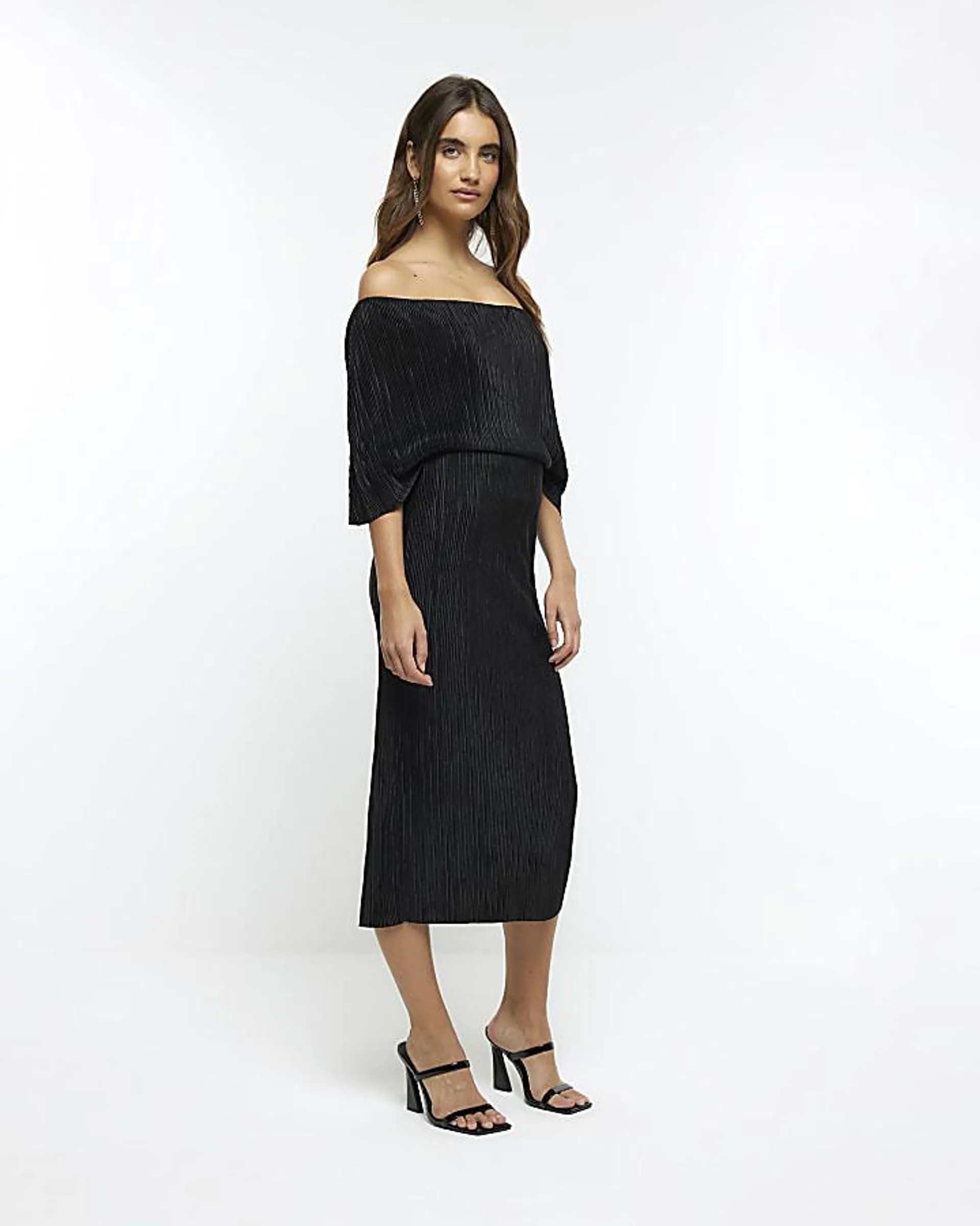 Black bardot drape plisse midi dress