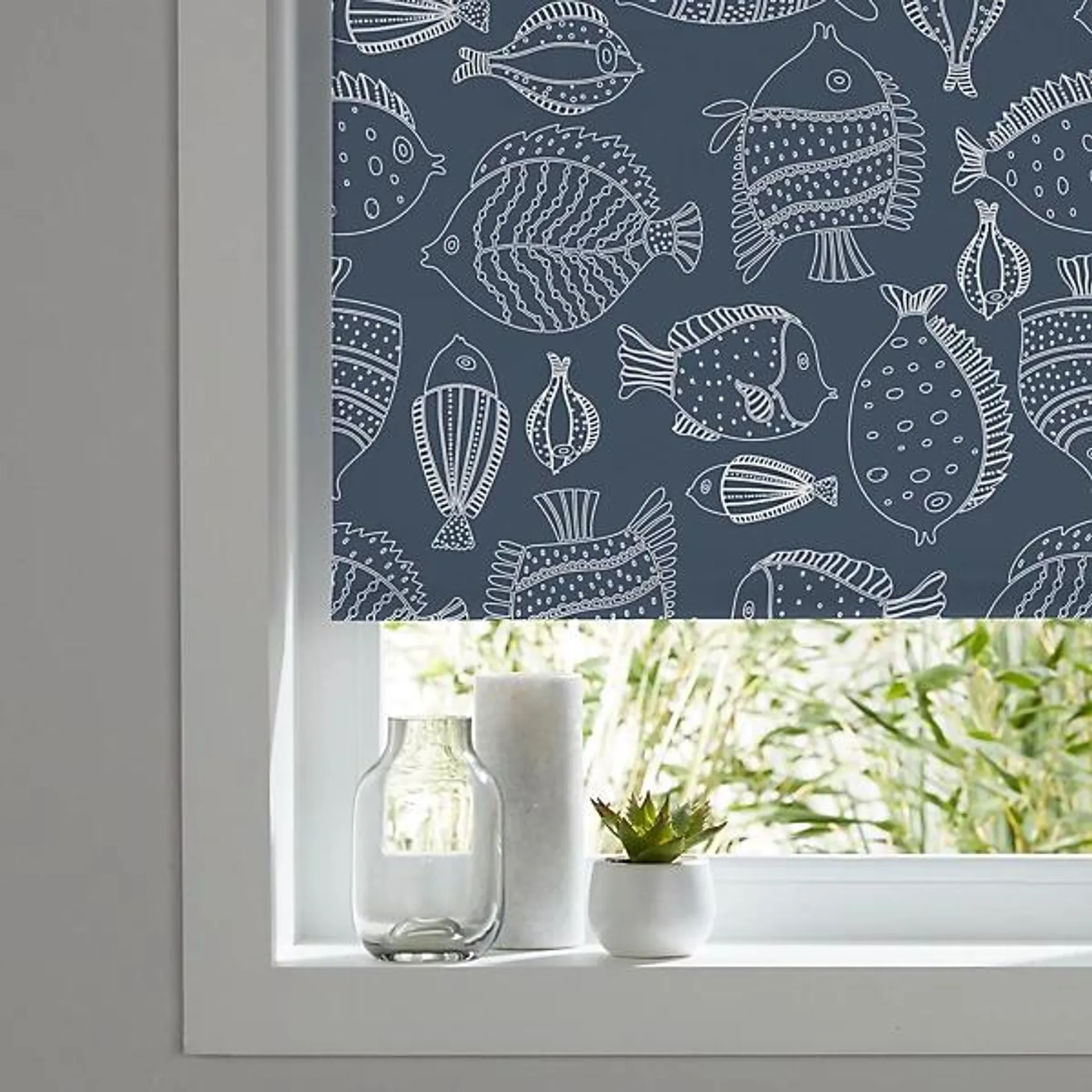 Kitchen & bathroom blinds Corded Fish print navy Blackout Roller Blind (W)120cm (L)180cm