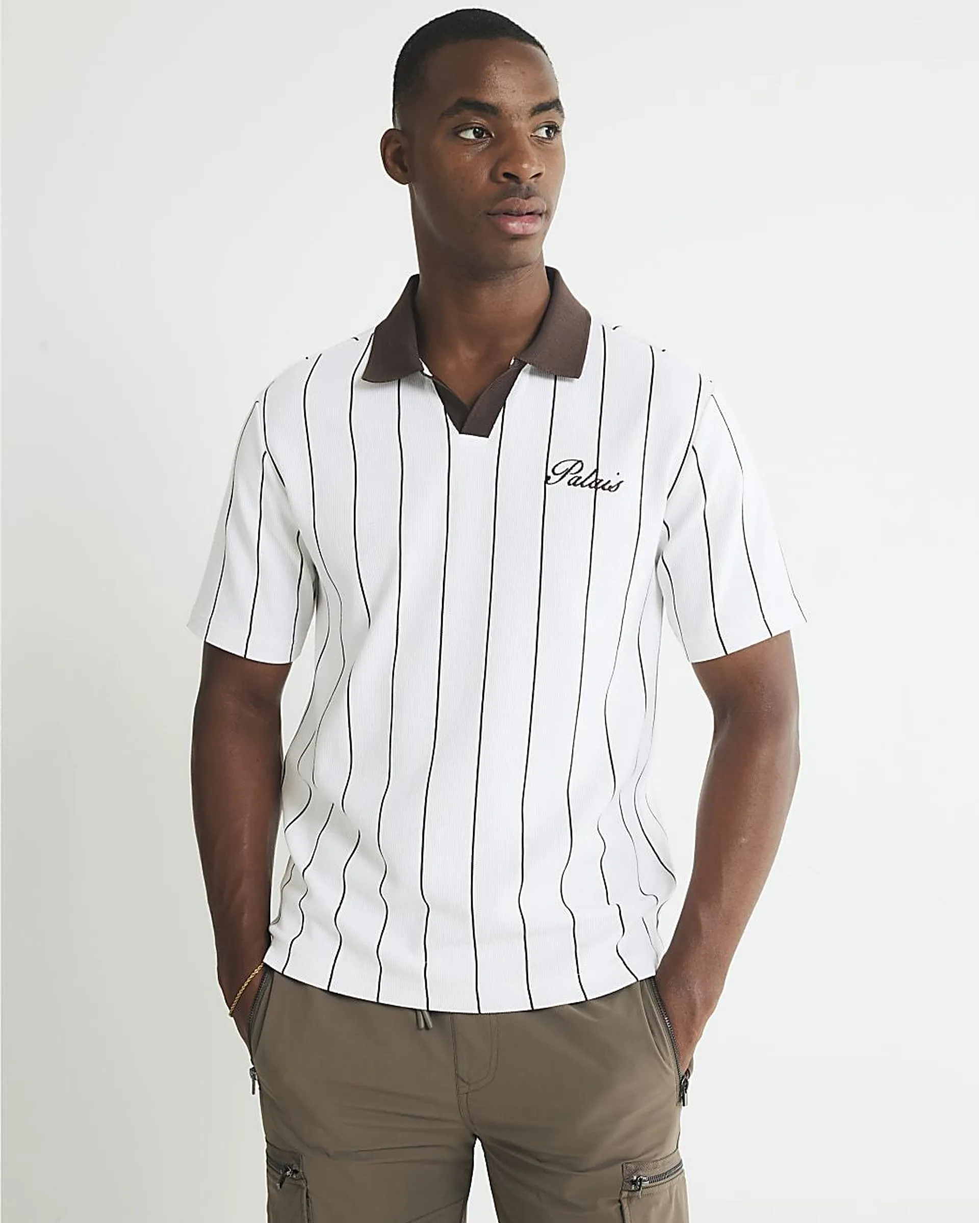 Brown Slim Fit Open Neck Pinstripe Polo Shirt