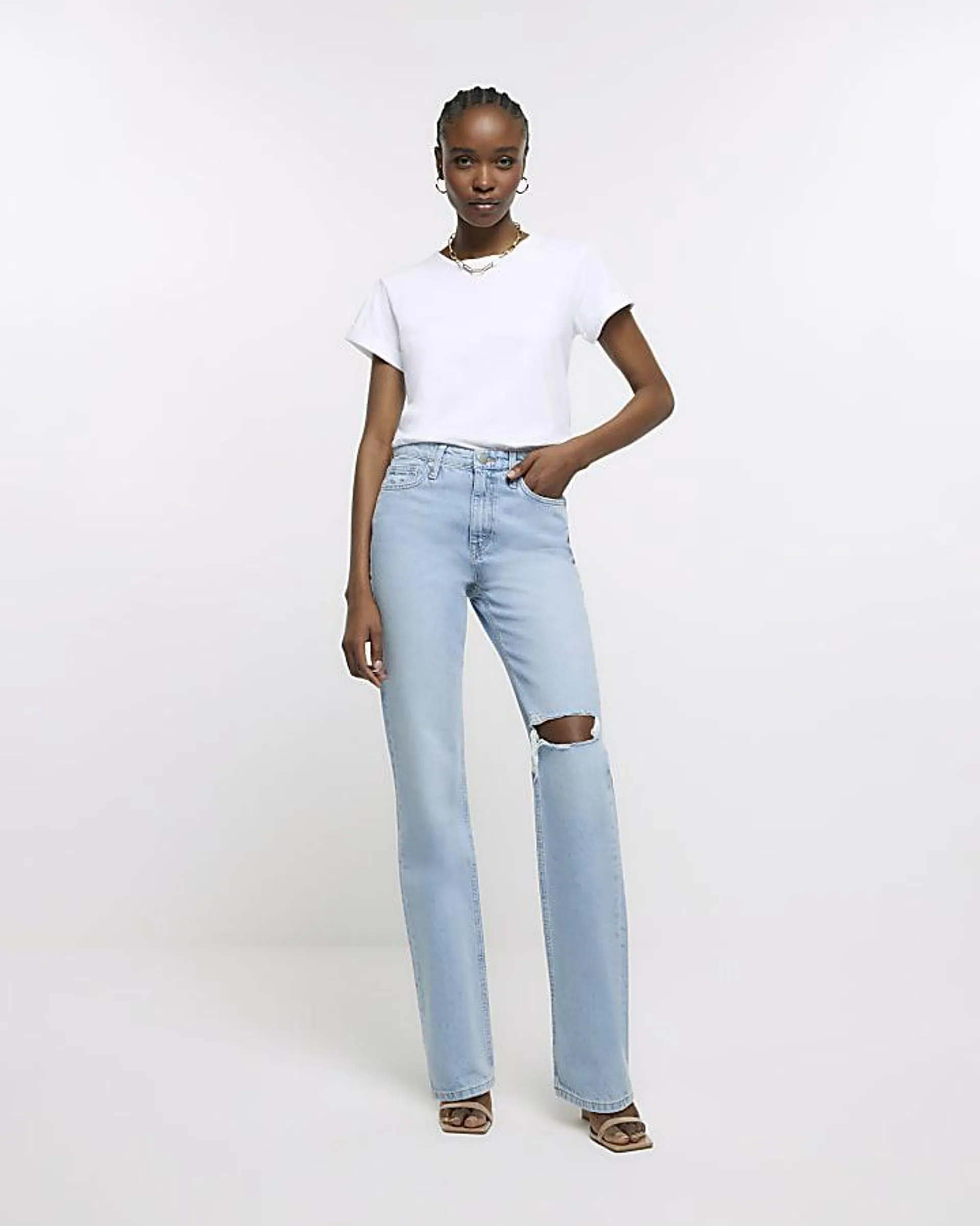 Blue high rise ripped straight leg jeans