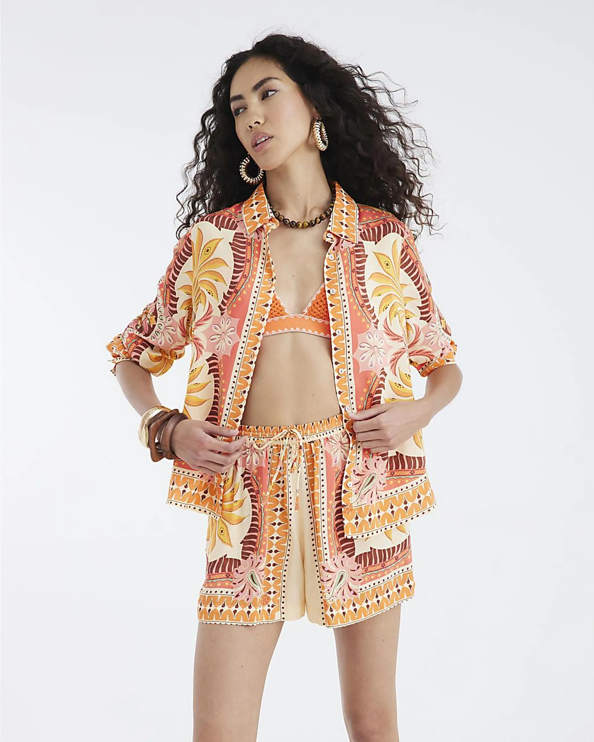 Orange Long Sleeve Graphic Print Shirt