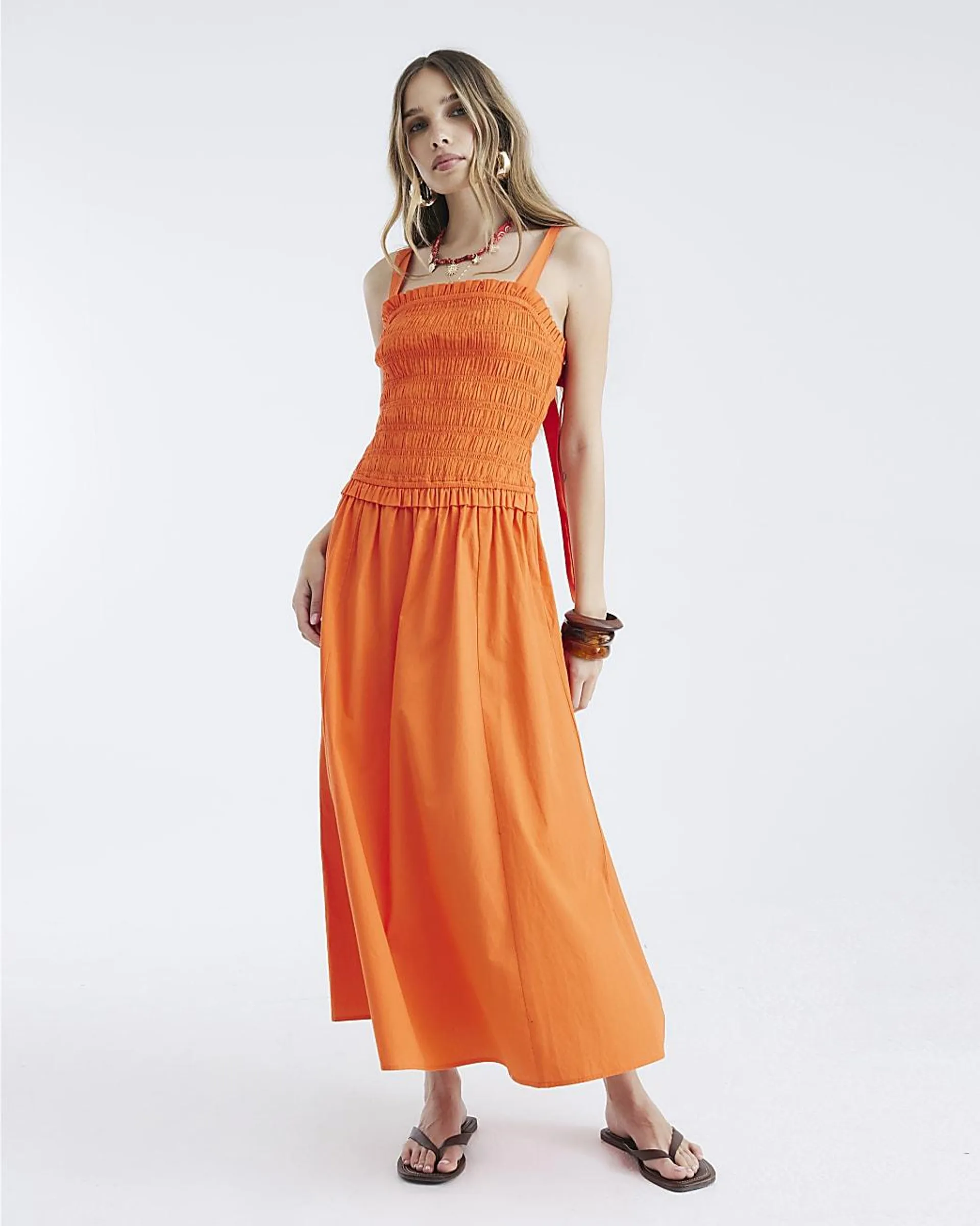 Orange Shirred Midi Dress