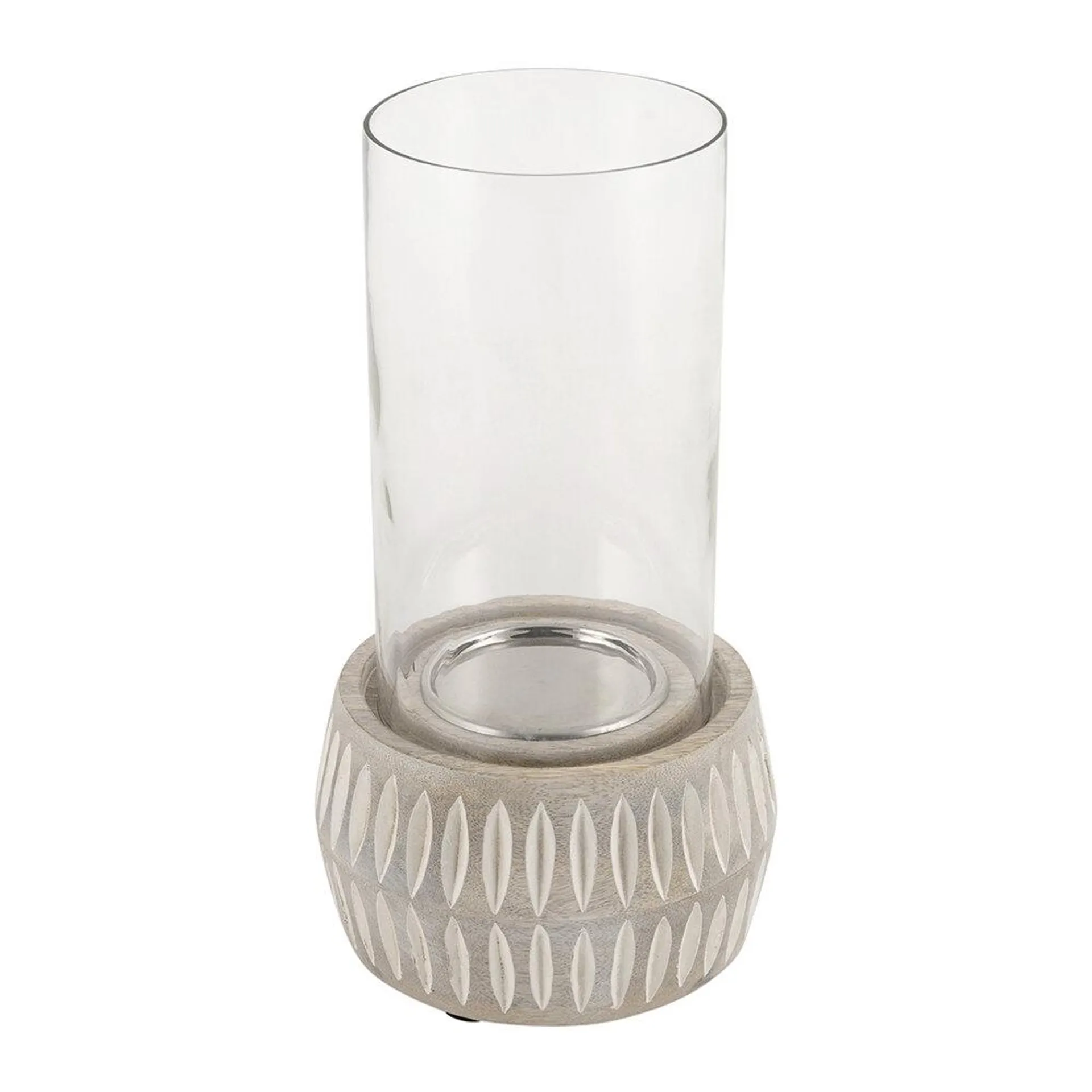Carved Candle Holder with Glass - Glass/Wood