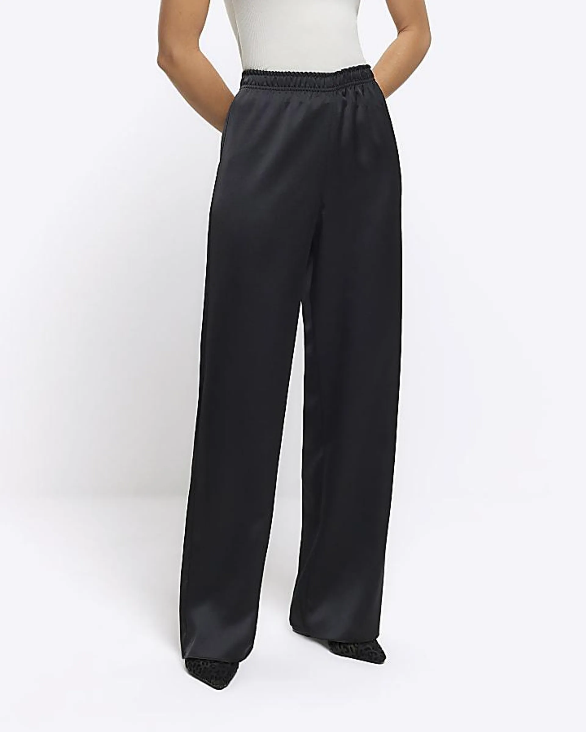 Black satin wide leg trousers