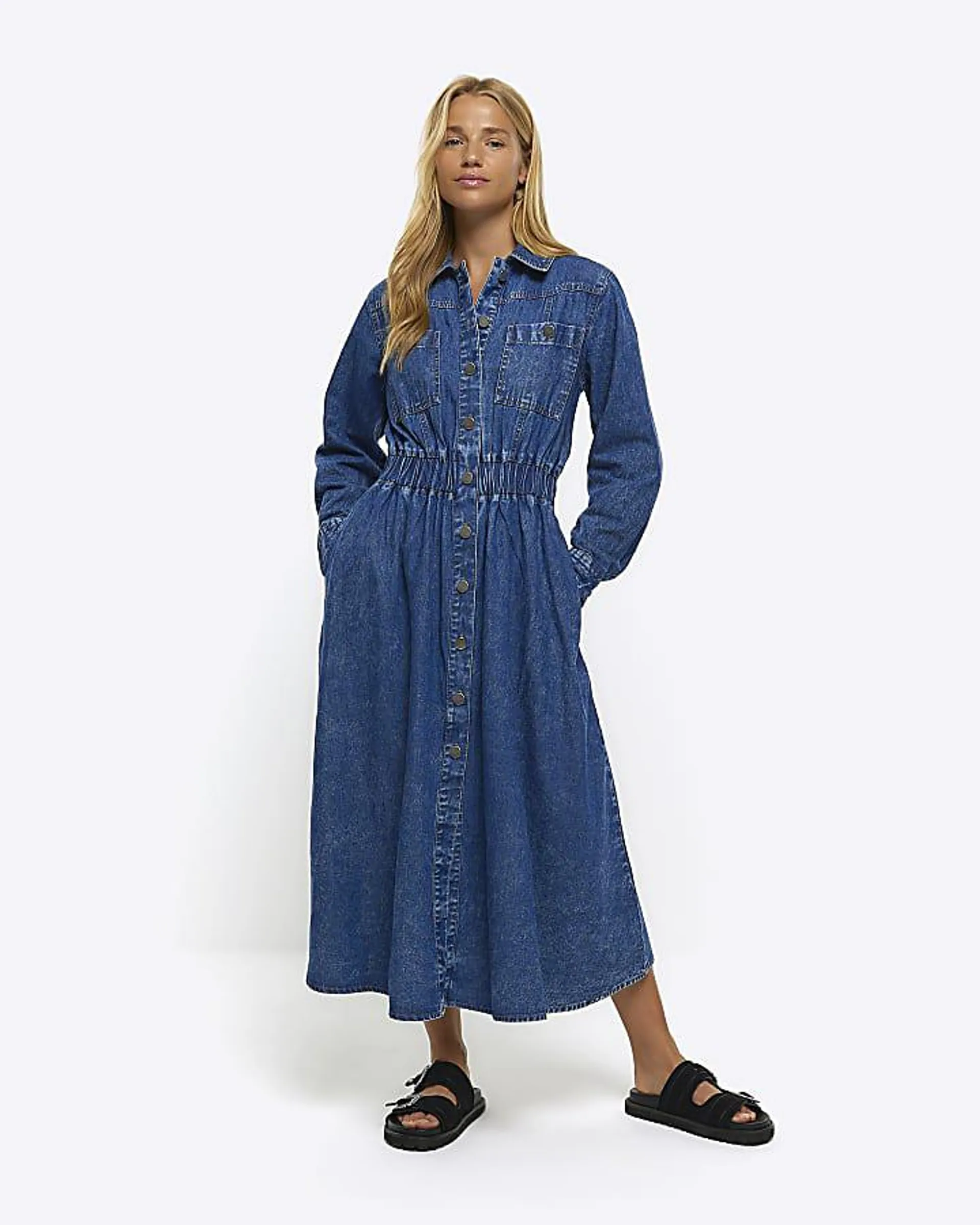 Blue denim shirt midi dress