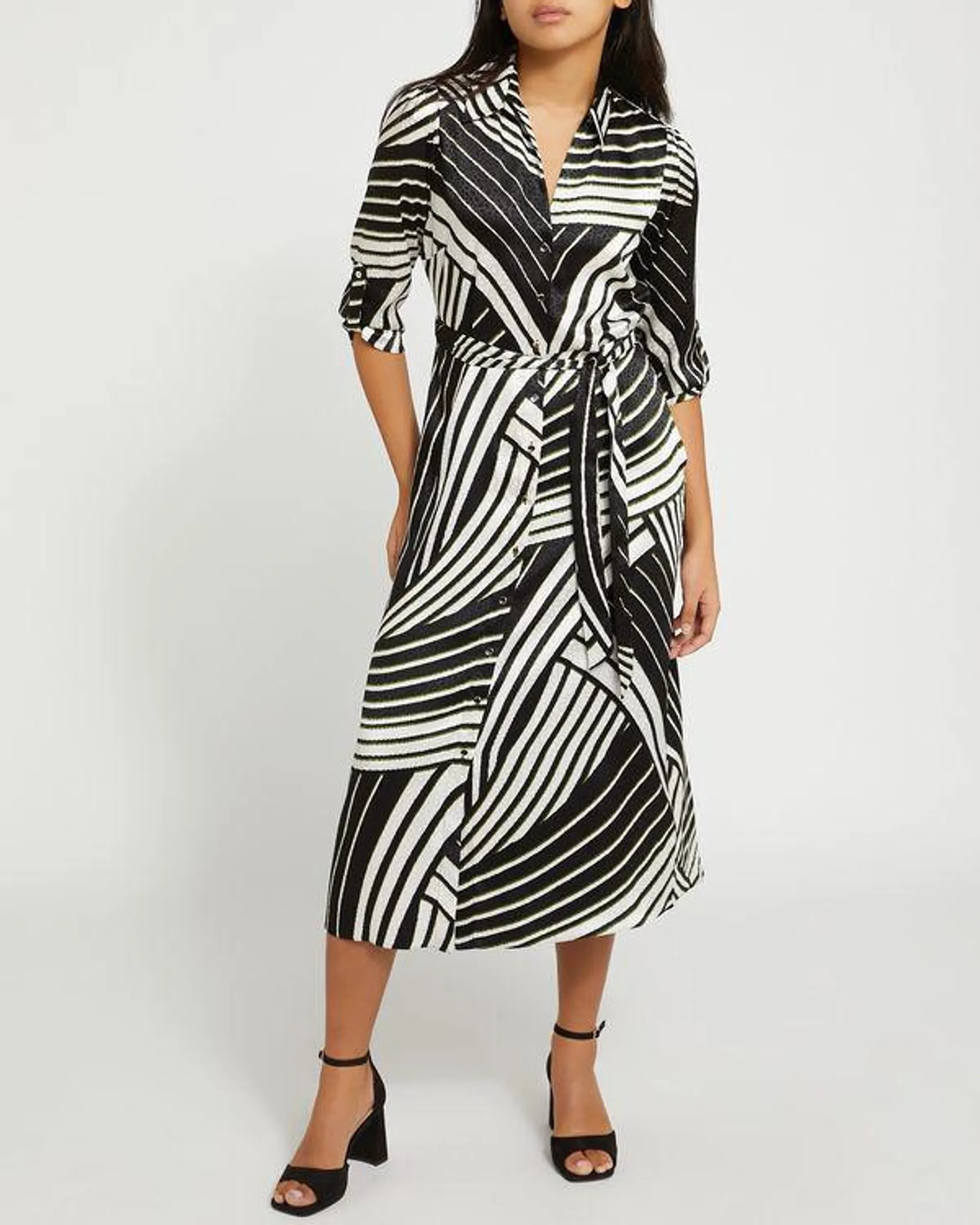 Satin Belted Print Midi Shirt Dress