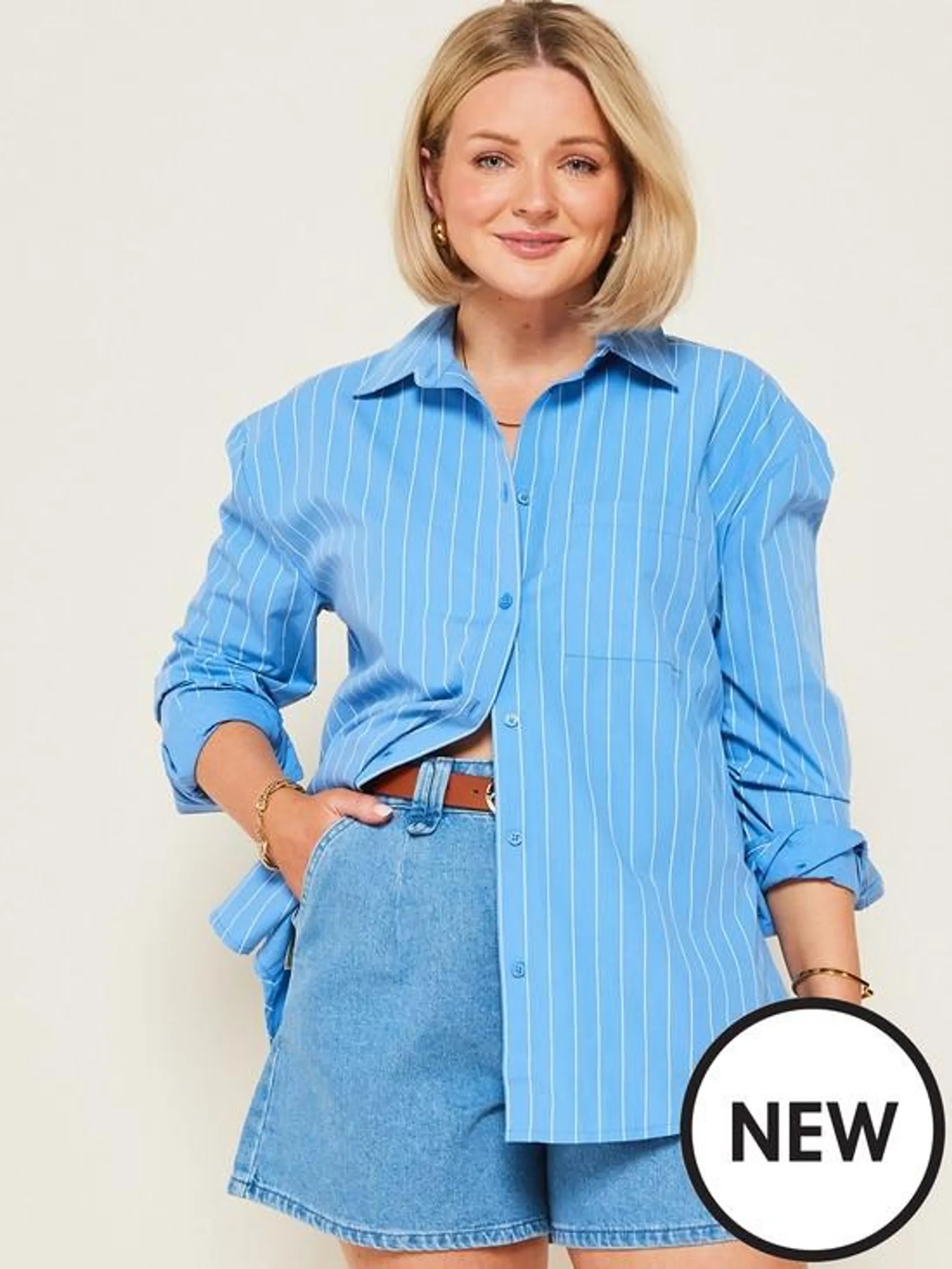 V by Very X Laura Byrnes Poplin Stripe Oversized Shirt - Blue