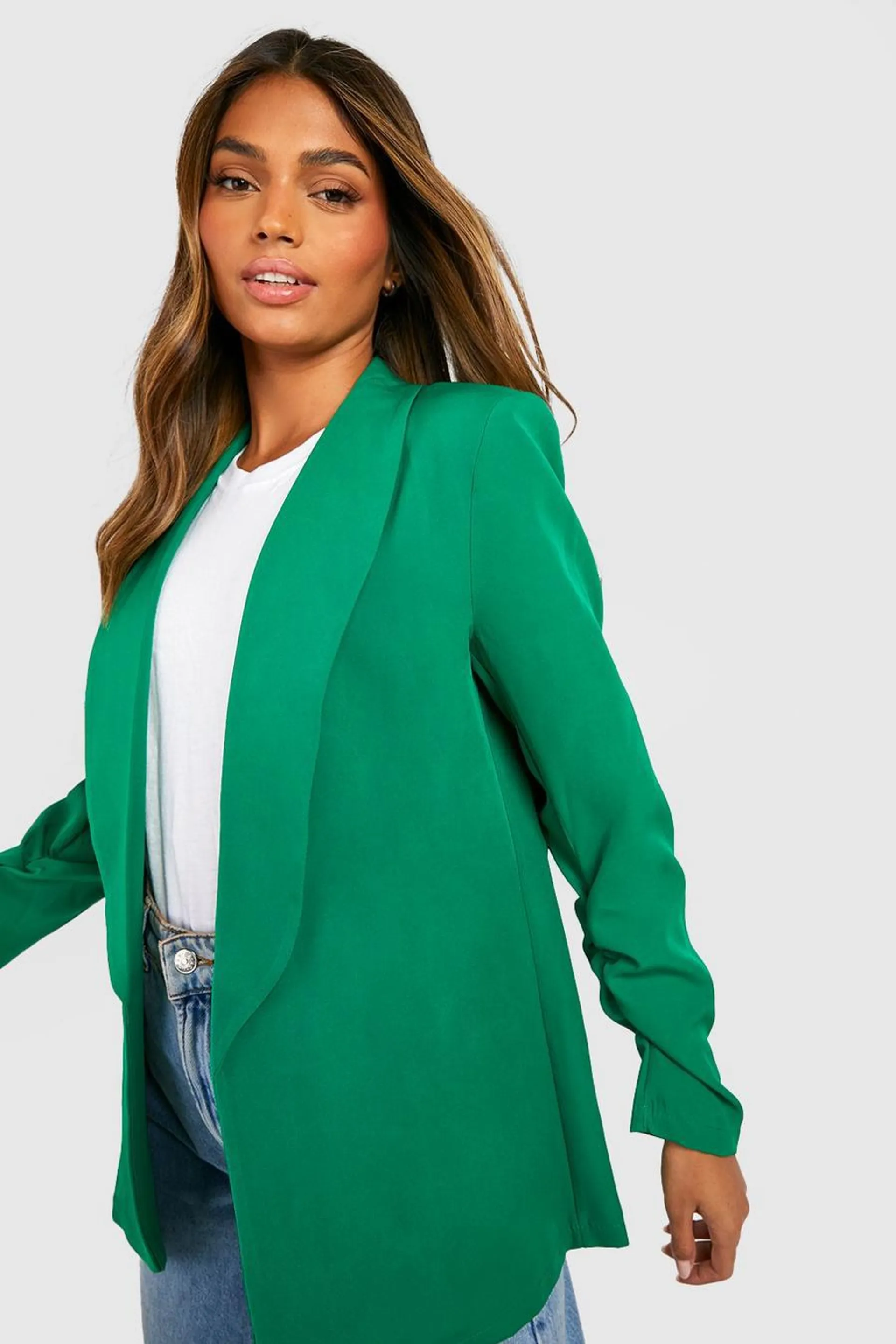 Basic Woven Ruched Sleeve Curve Lapel Blazer