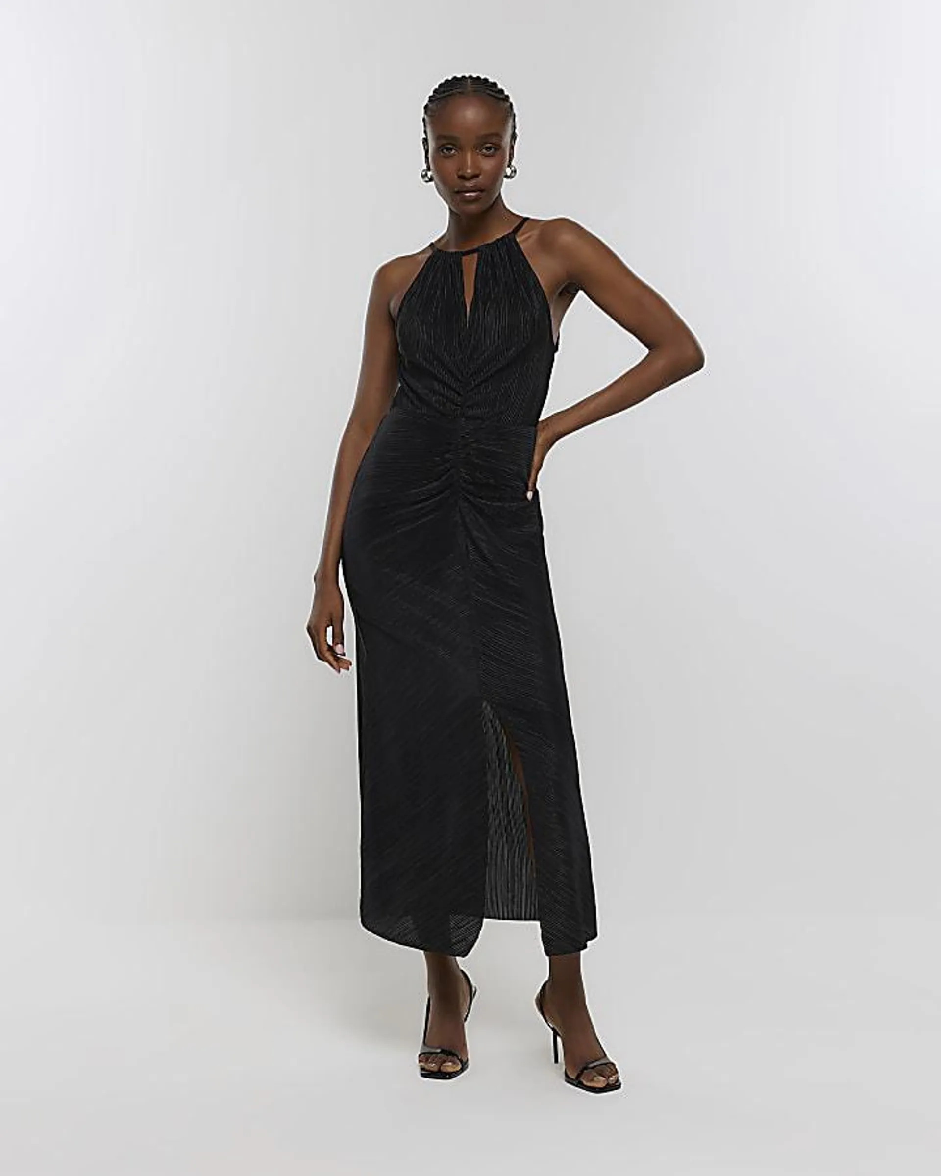 Black plisse ruched detail bodycon midi dress