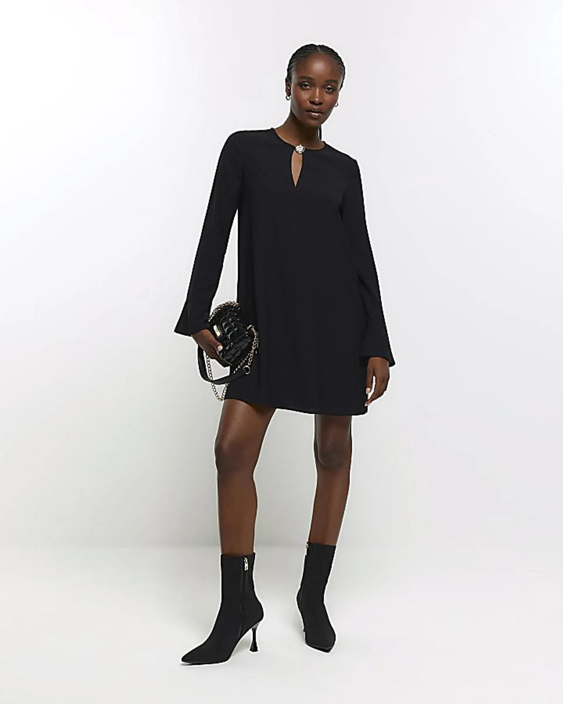 Black button shift mini dress