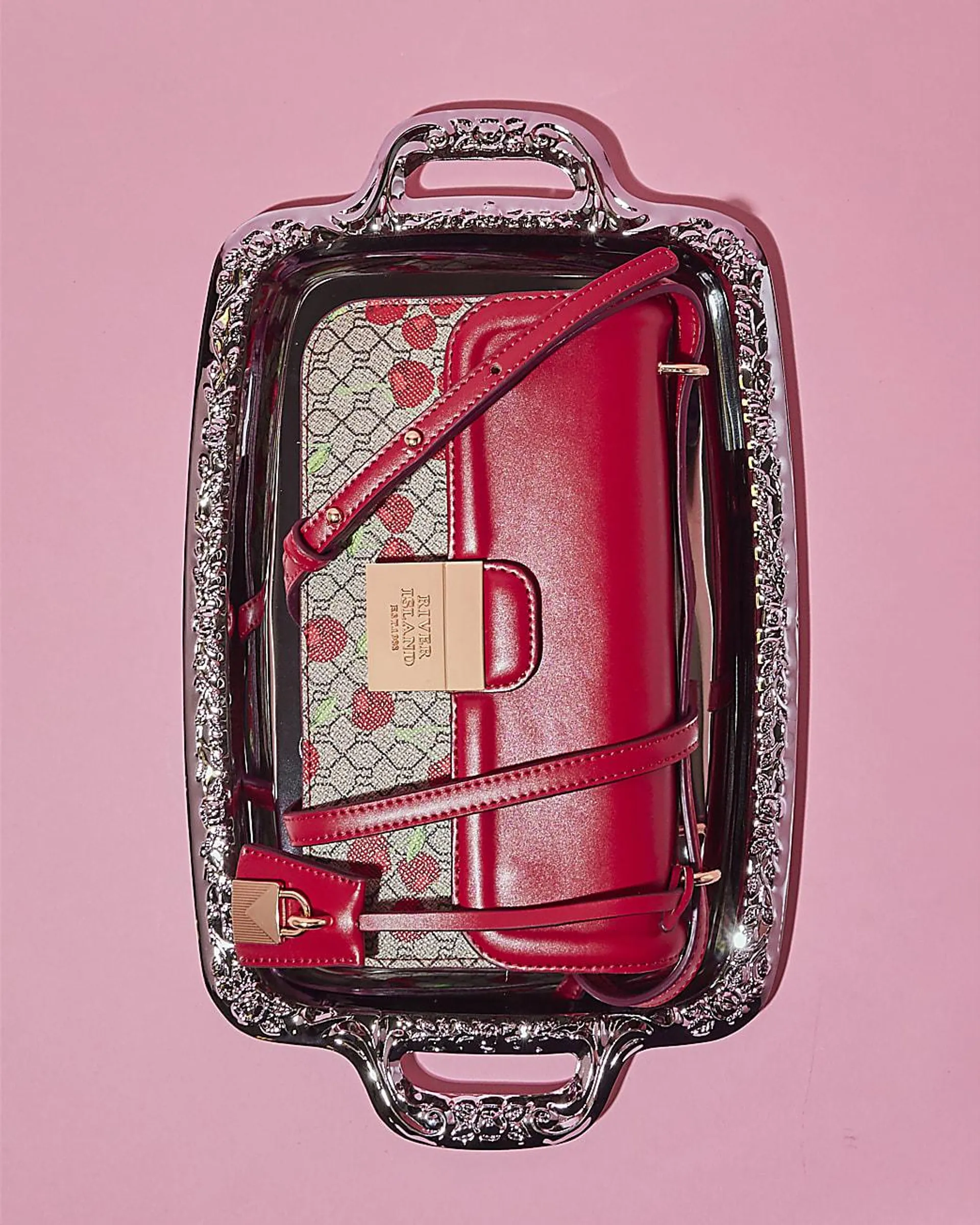 Red Lock Front Monogram Cherry Satchel Bag