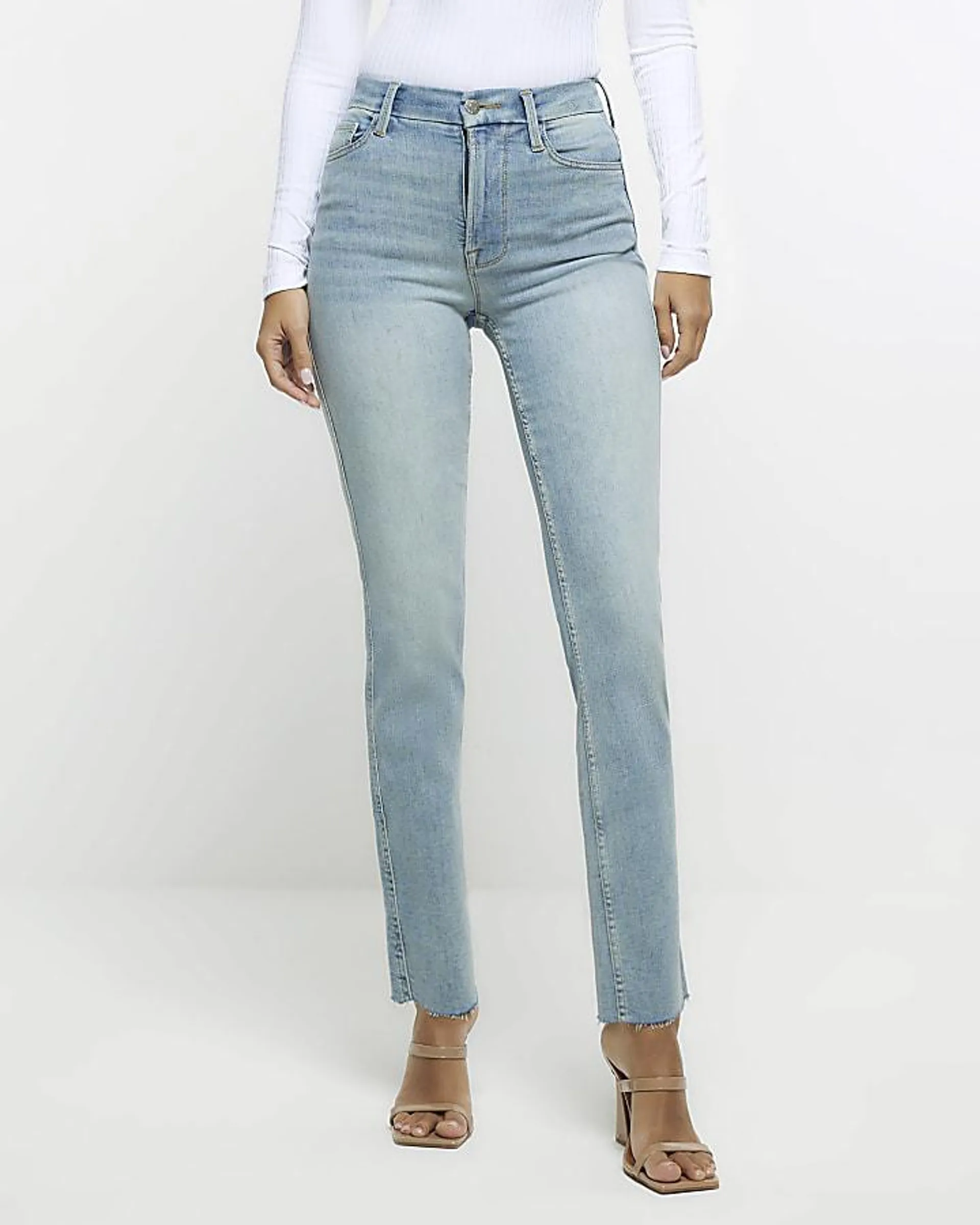 Blue high waisted slim straight leg jeans