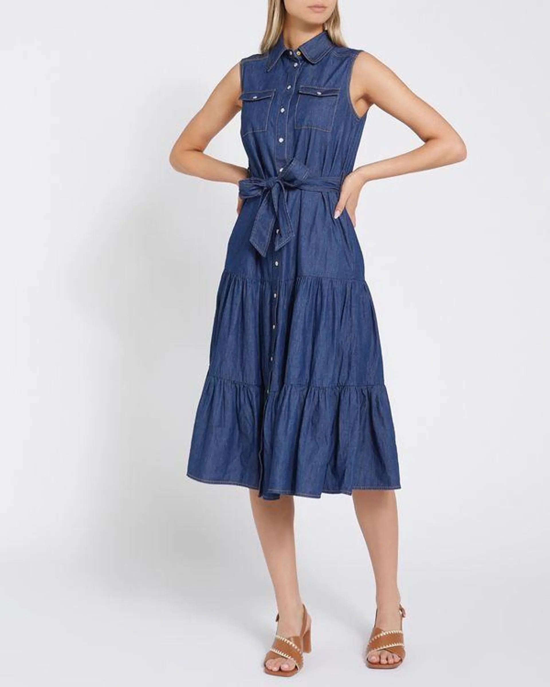 Denim Tiered Belted Midi Dress