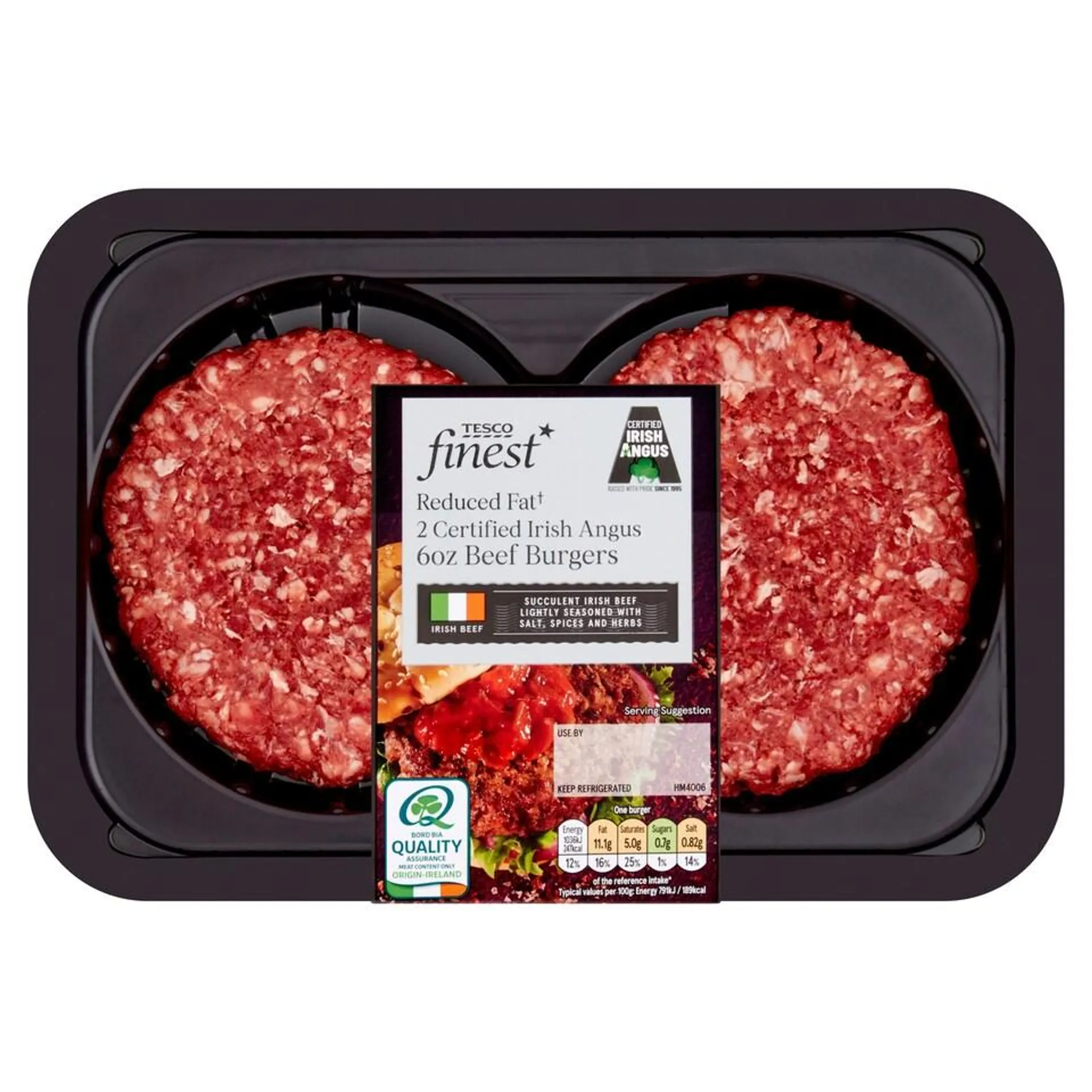 Tesco Finest Reduced Fat Irish Angus 6Oz Beef Burgers 340G