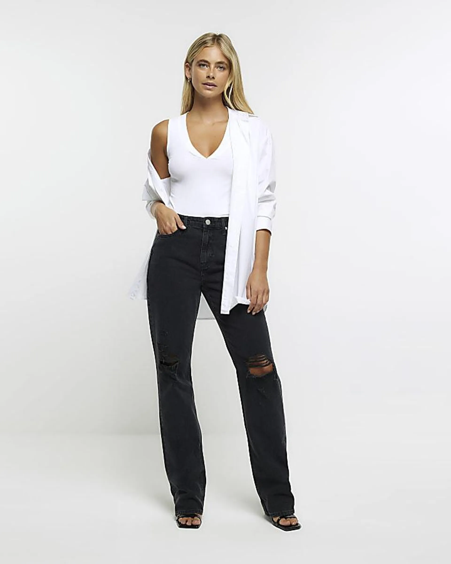 Black ripped high waisted straight jeans
