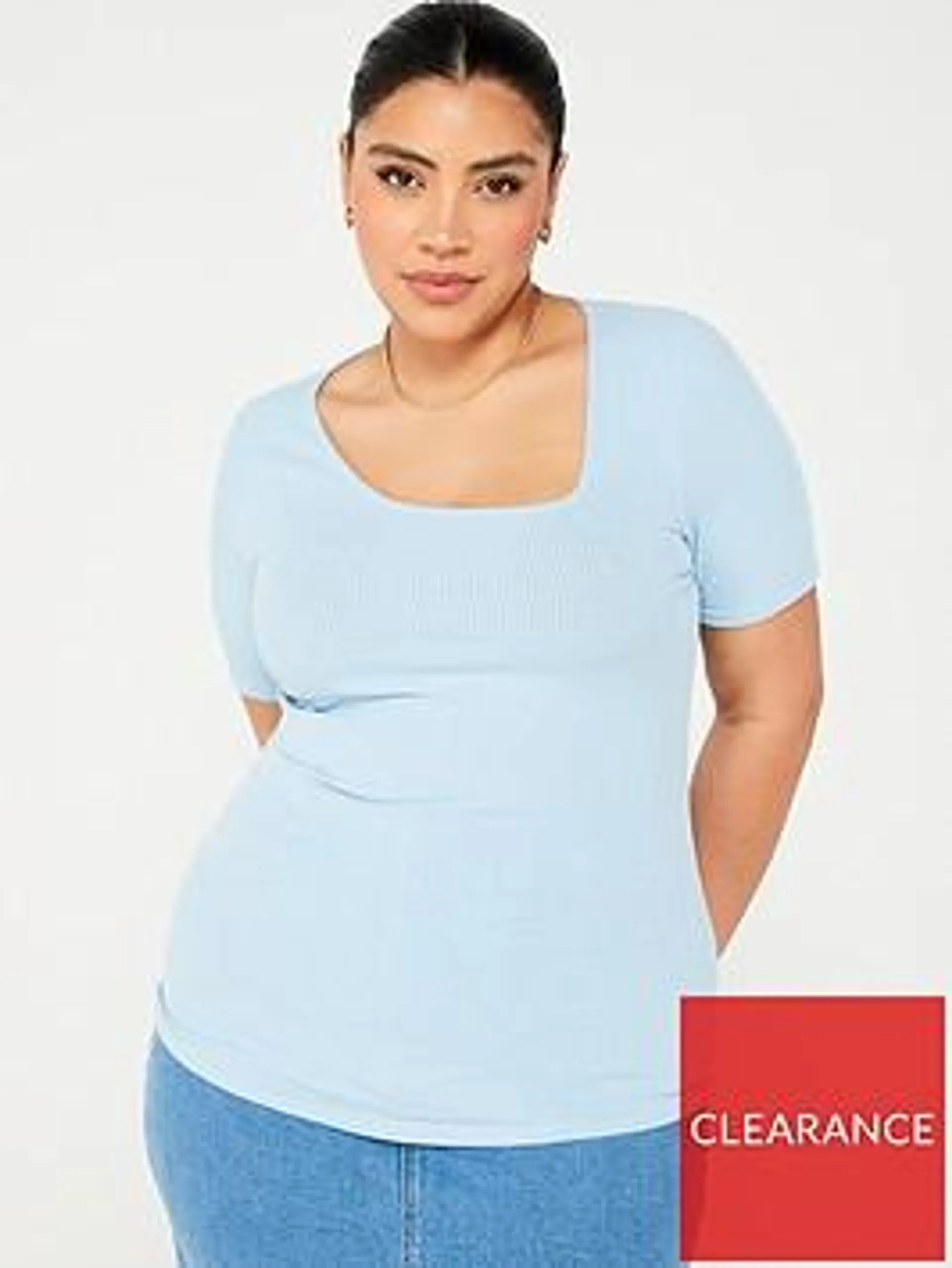 Asymmetric Neckline Short Sleeve Rib Top - Blue