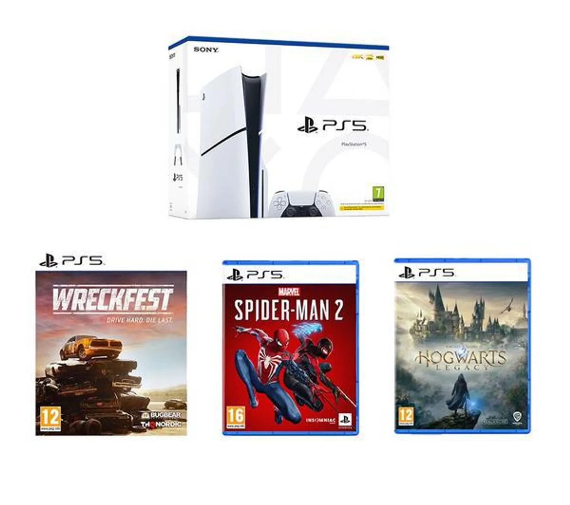 SONY PlayStation 5 (Model Group - Slim), Wreckfest, Hogwarts Legacy & Marvel's Spider-Man 2 Bundle