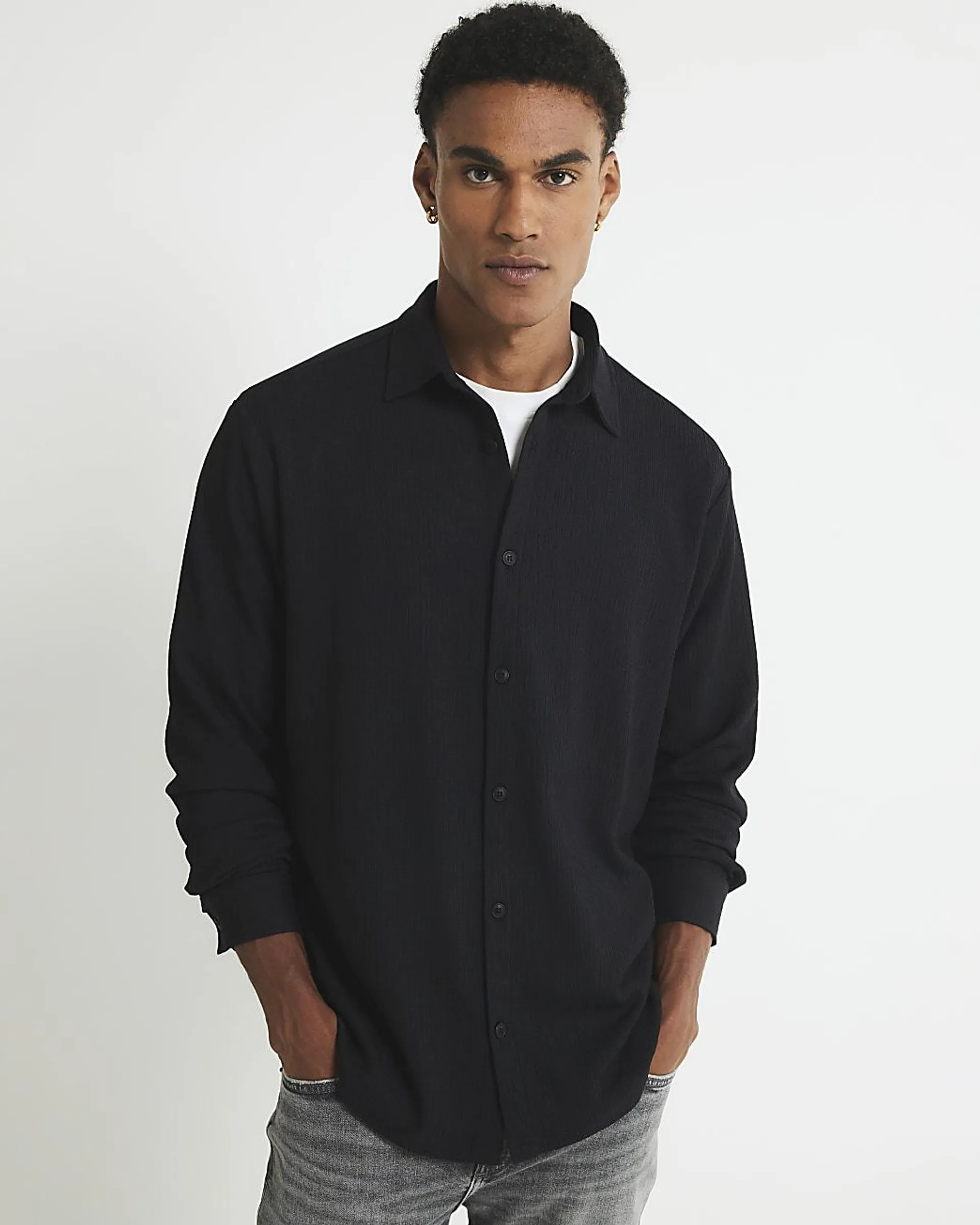 Black Regular Fit Crinkle Shirt