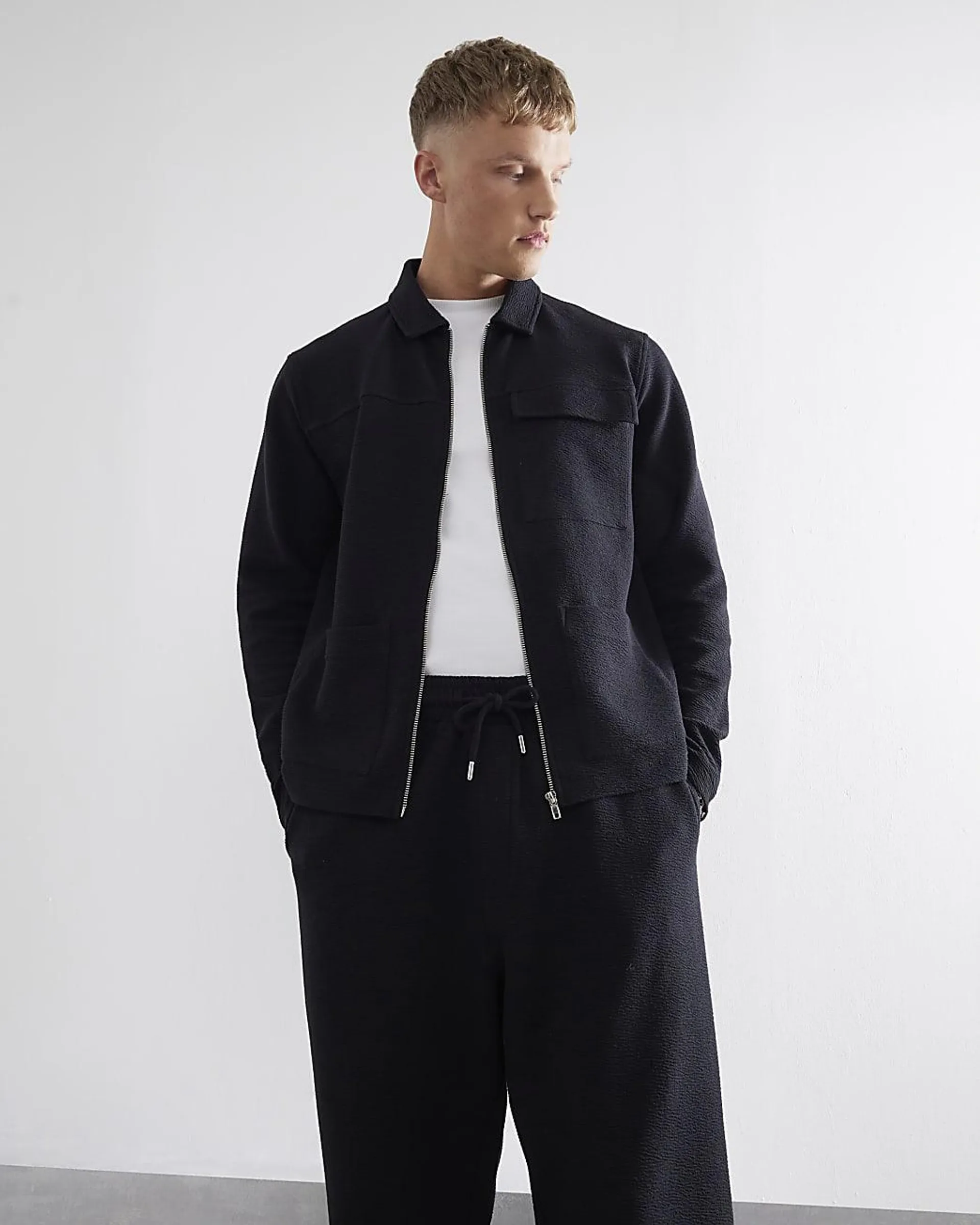 Black Long Sleeve Textured Smart Overshirt