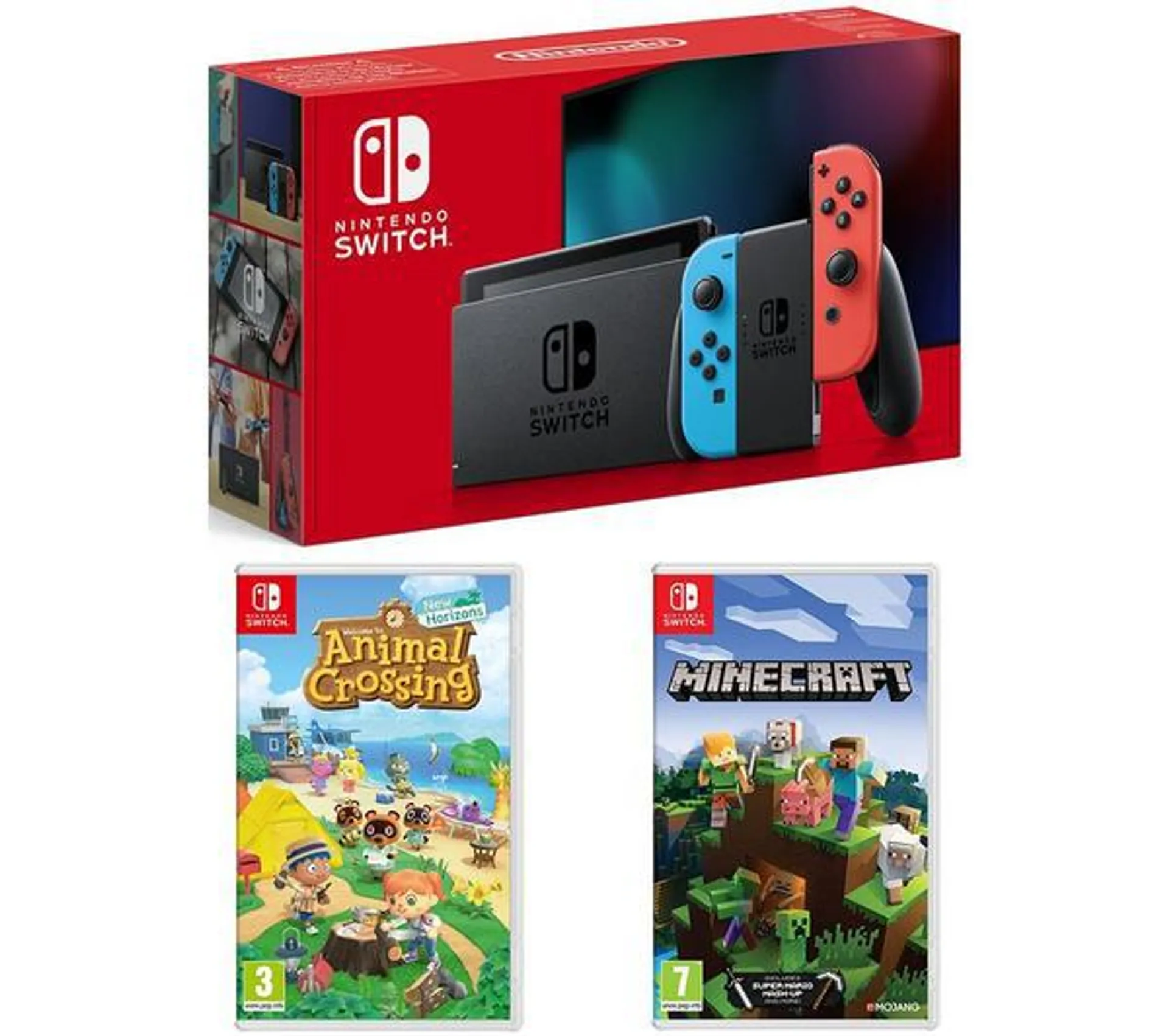 NINTENDO Switch, Animal Crossing: New Horizons & Minecraft Bundle - Neon Red & Blue