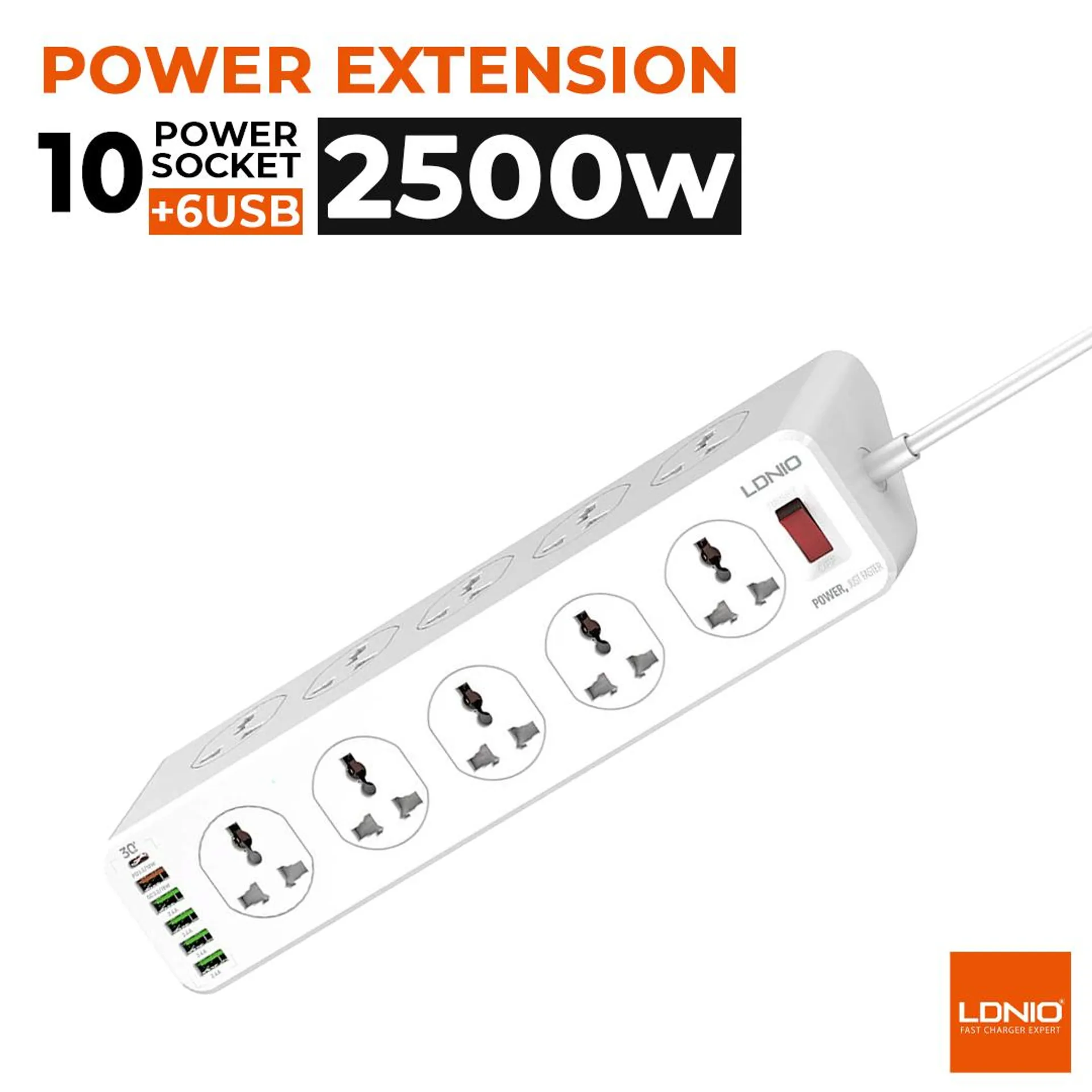 LDNIO 10 GANG POWER SOCKET & 6 USB PORTS