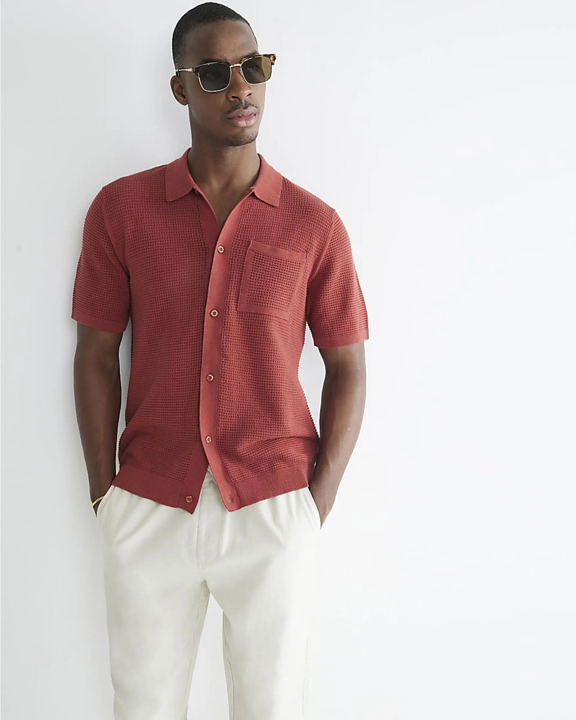 Red Regular Fit Short Sleeve Crochet Shirt