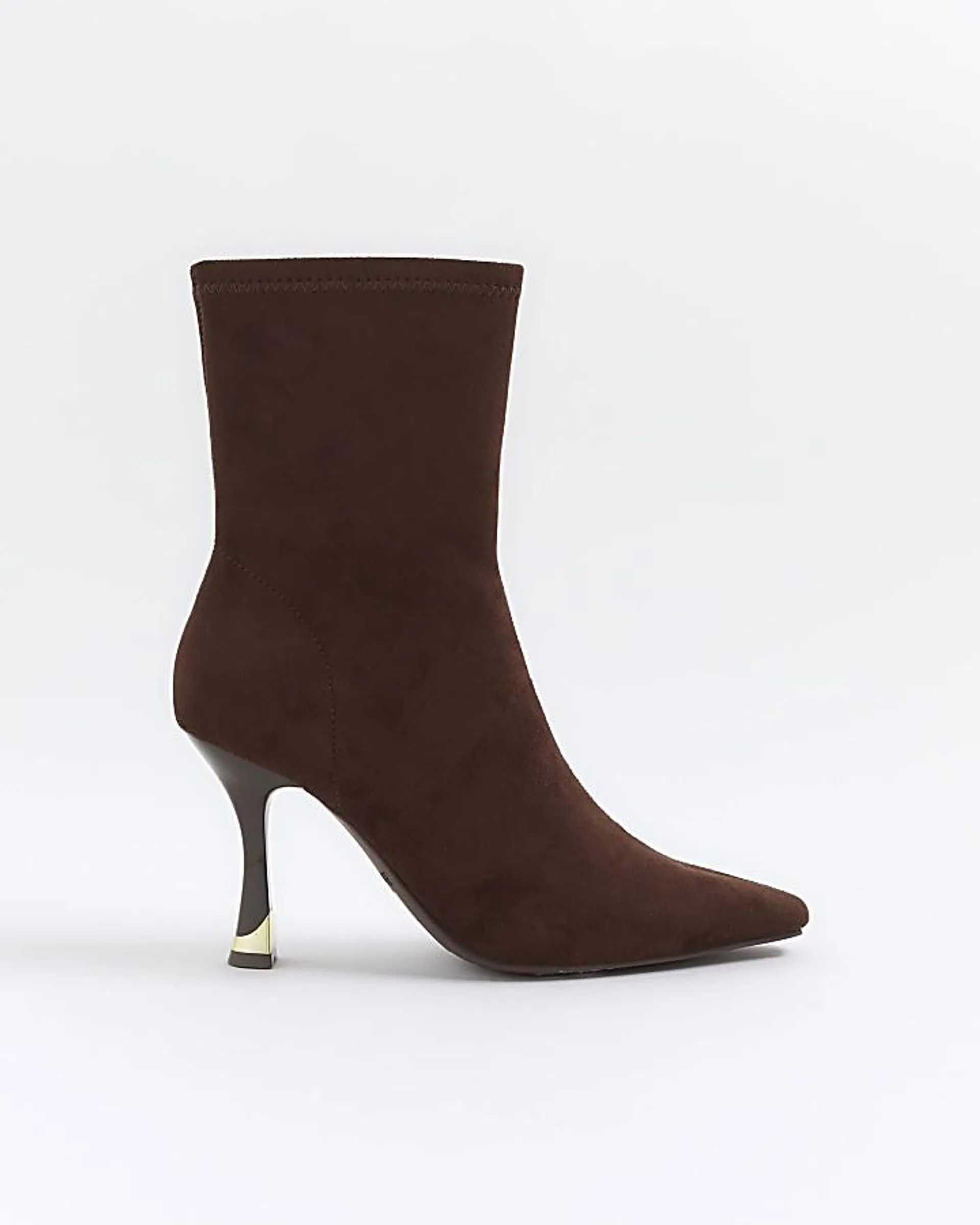 Brown Suedette Heeled Sock Boots