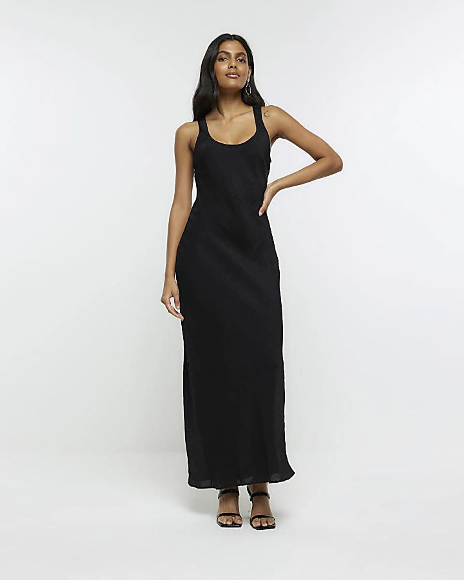 Black scoop neck slip midi dress