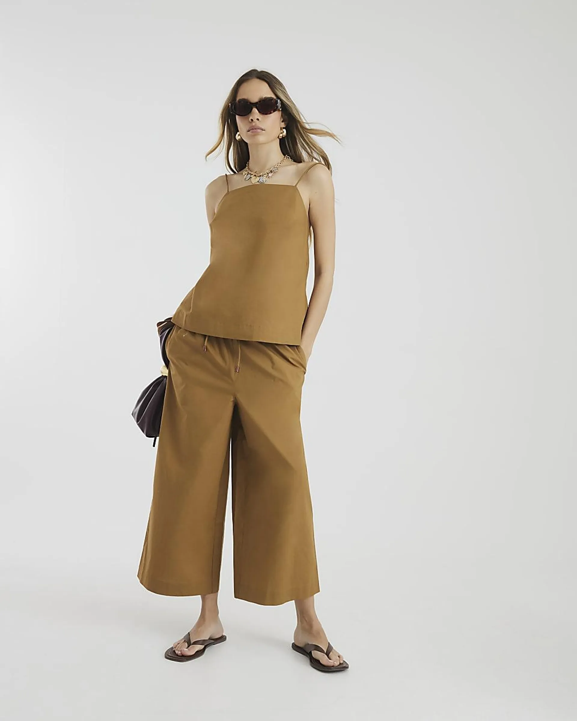 Khaki Poplin Cropped Trousers
