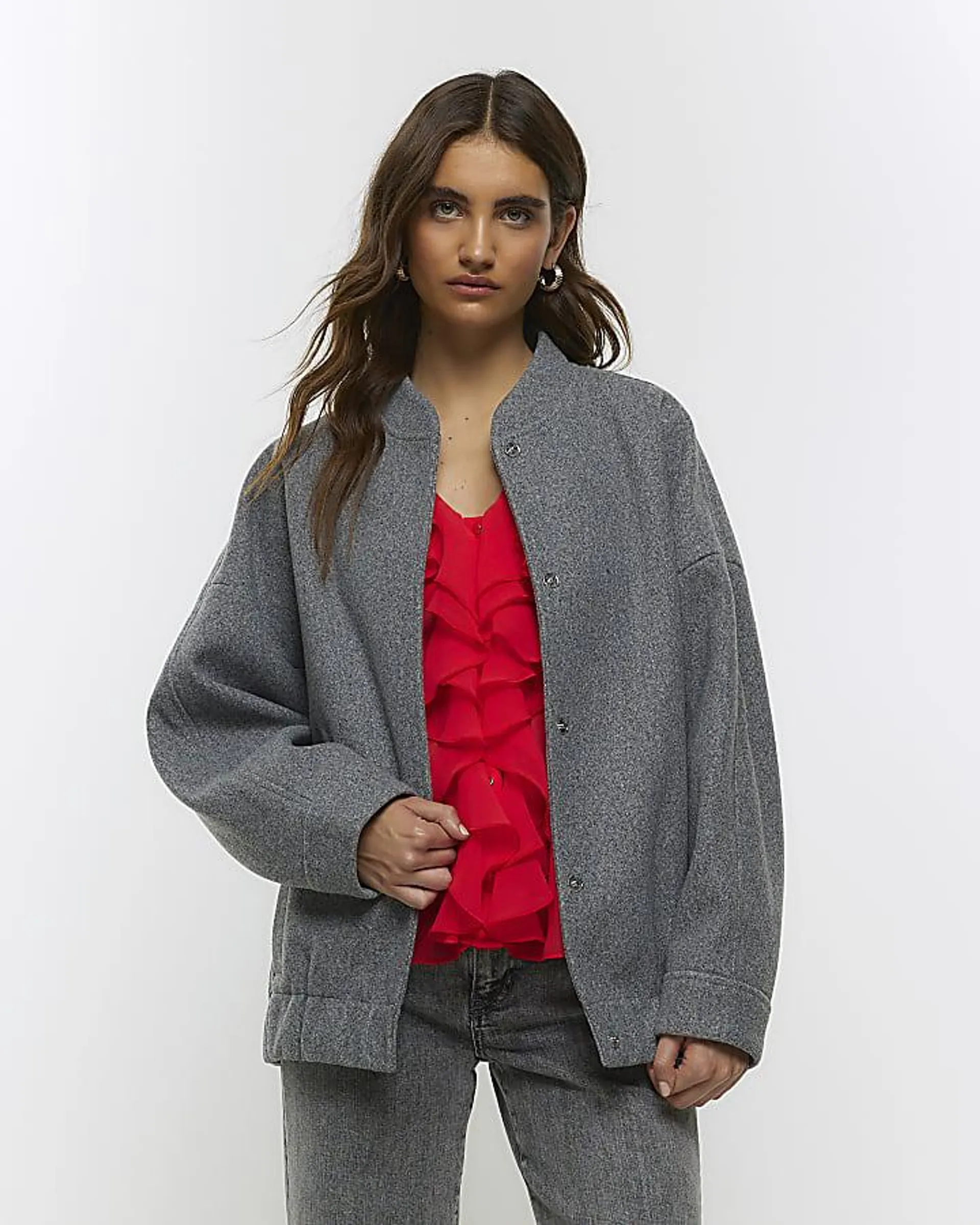 Grey faux wool bomber jacket