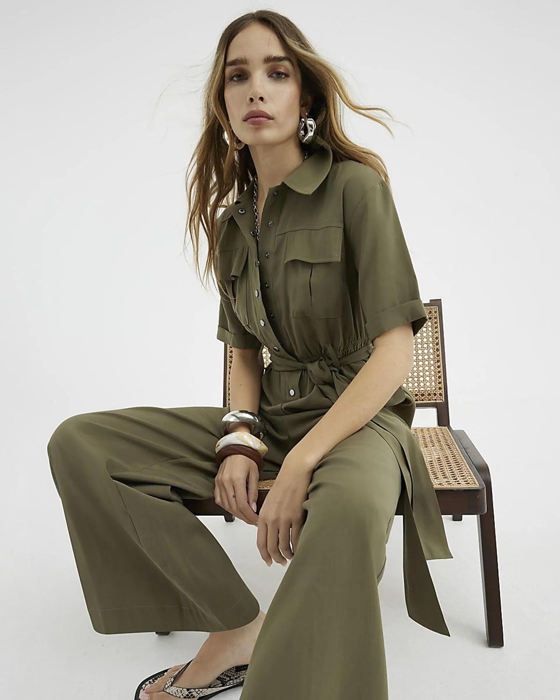 Khaki Belted Utility Jumpsuit
