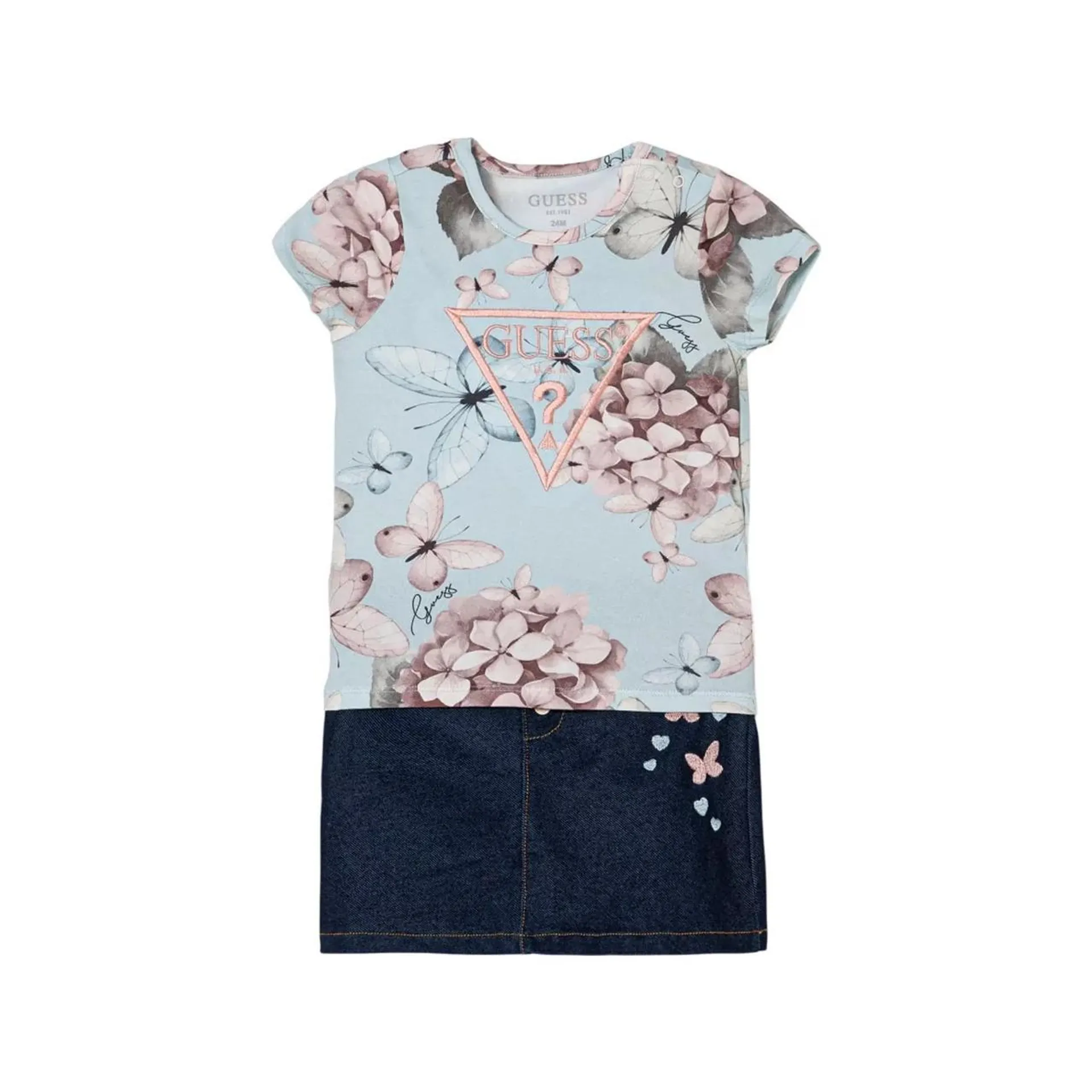 New in GUESS Floral Logo T-Shirt & Denim Skirt Two-Piece Set €55.00