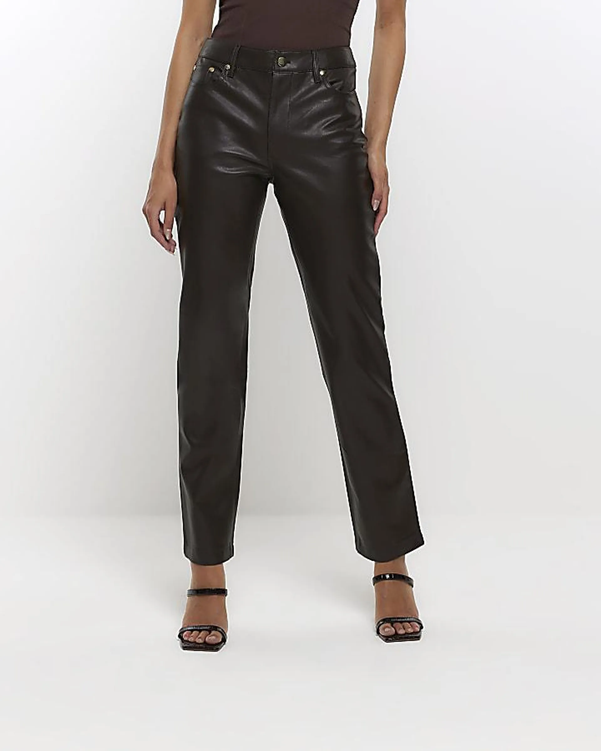 Brown faux leather straight trousers