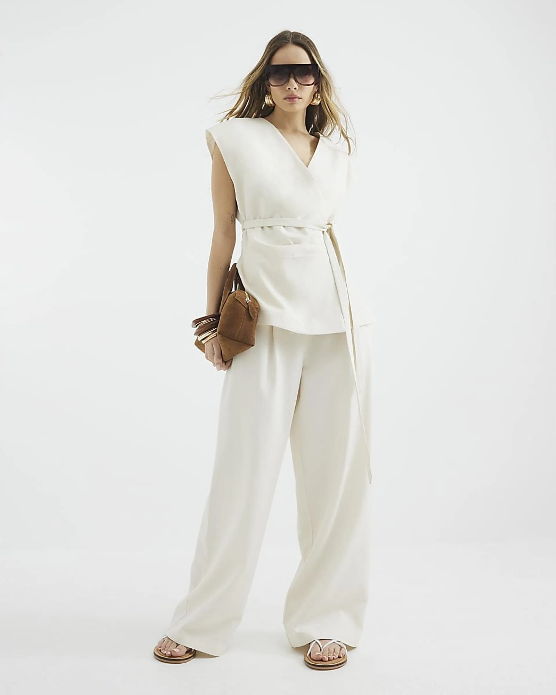 Beige Linen Blend Wide Leg Trousers