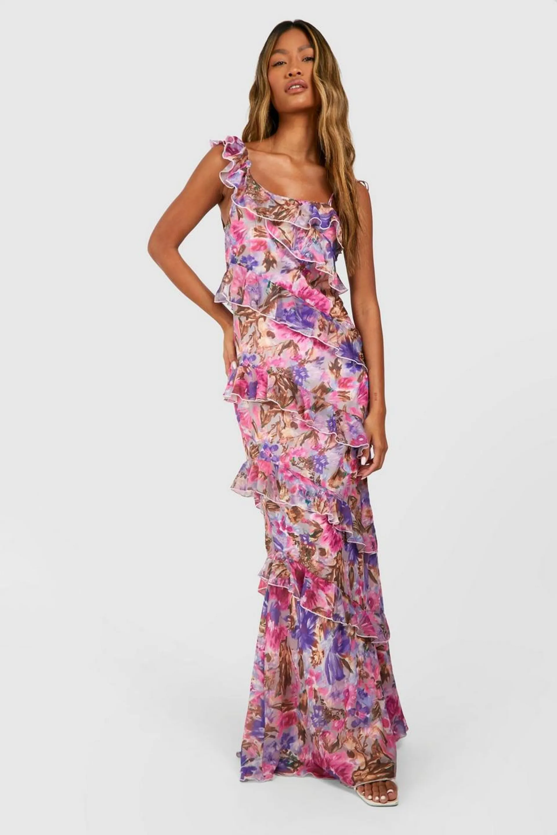 Floral Ruffle Asymmetric Maxi Dress