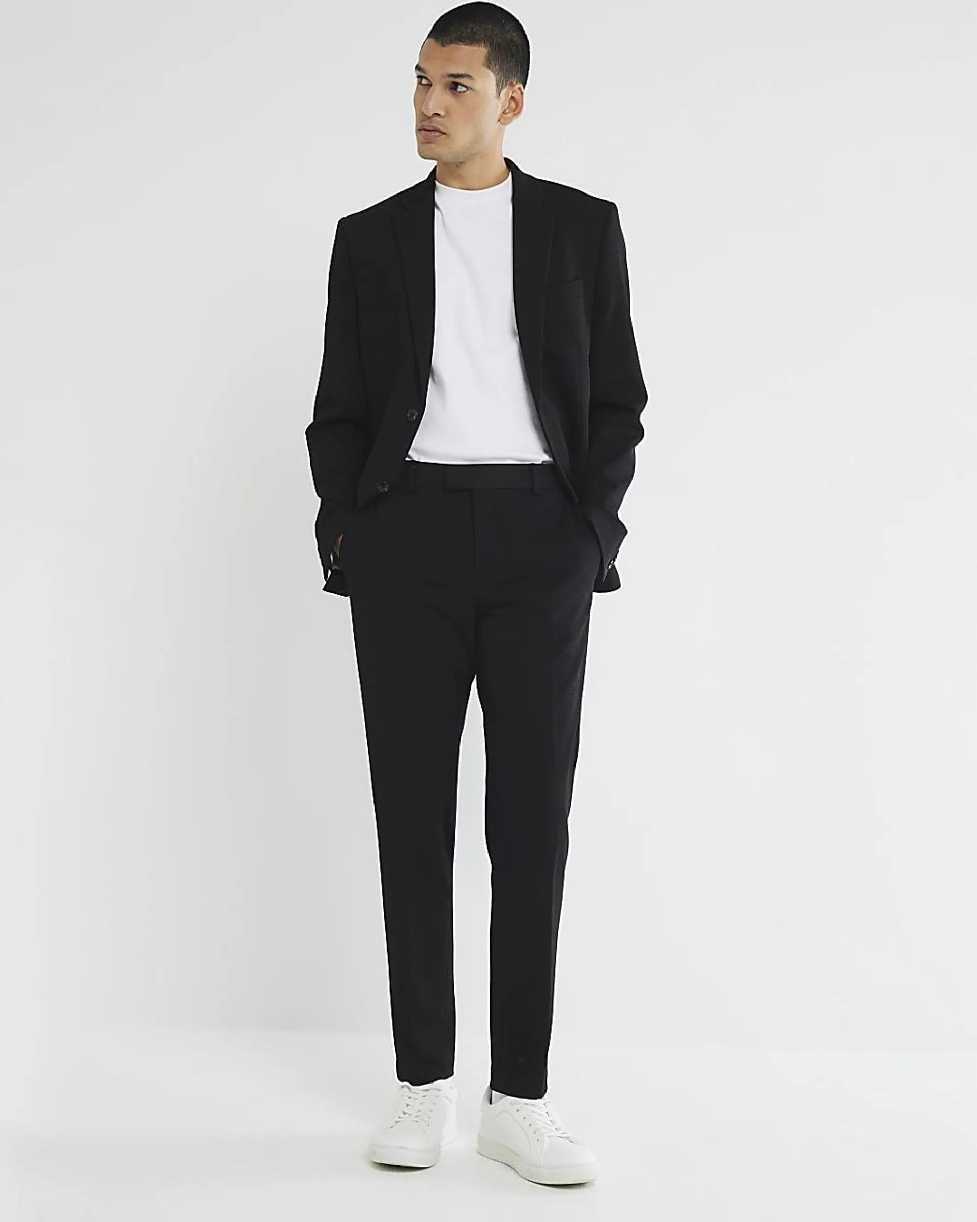 Black Skinny Fit Waffle Suit Trousers