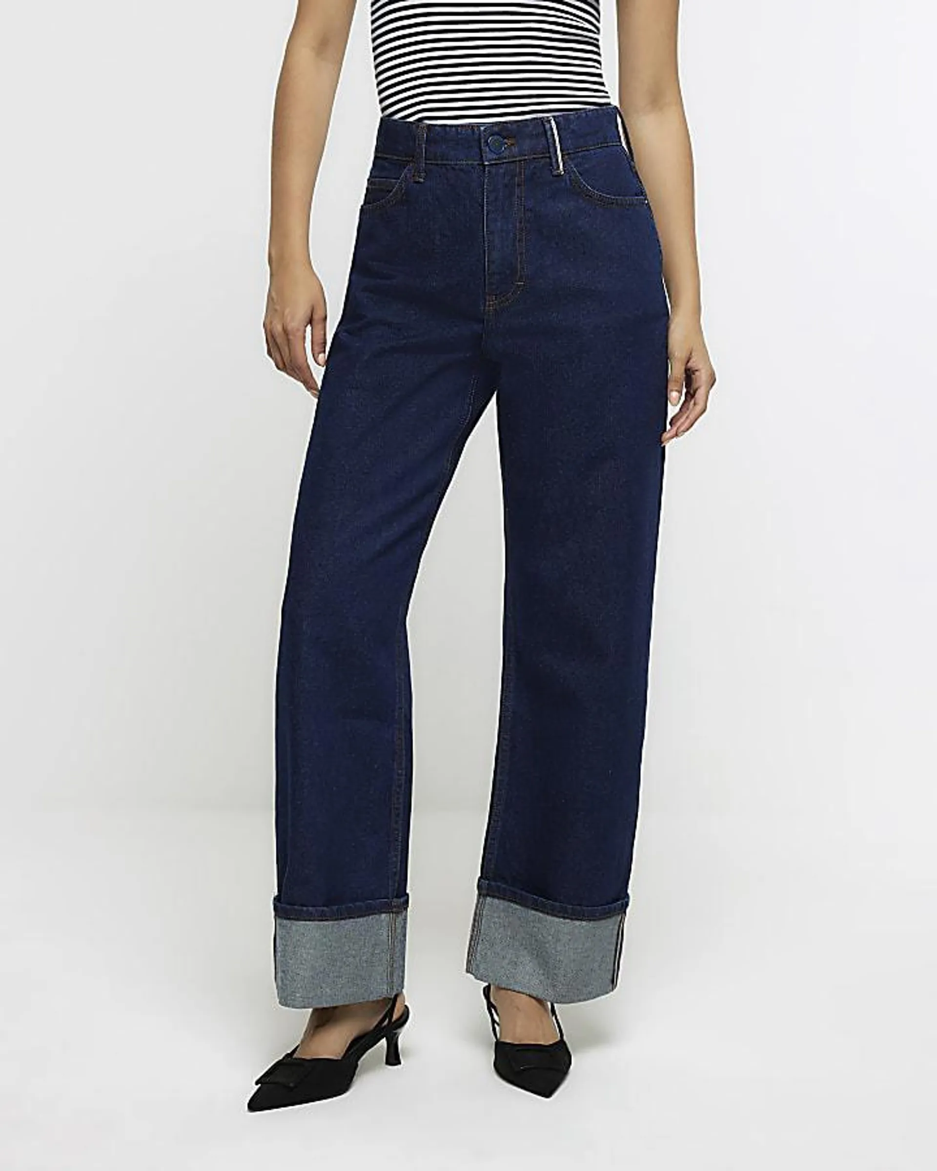 Blue high waisted wide leg turn up jeans