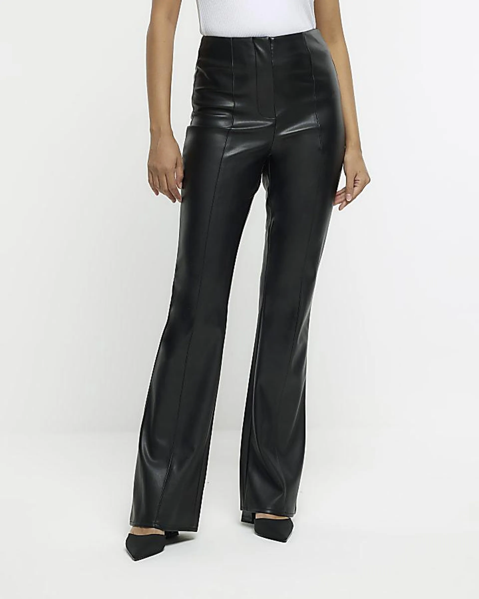 Black faux leather bootleg trousers
