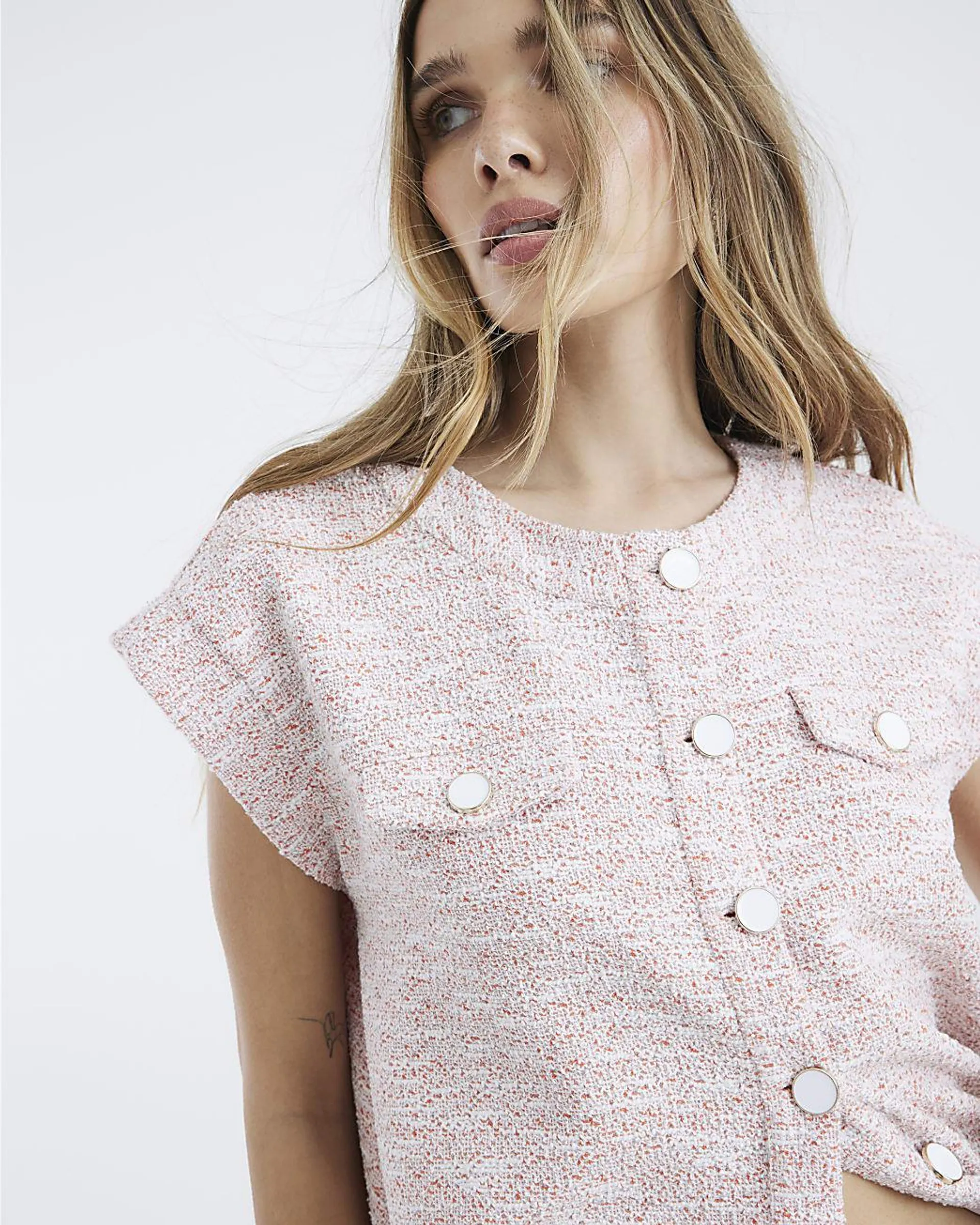 Pink Boucle Sleeveless Jacket