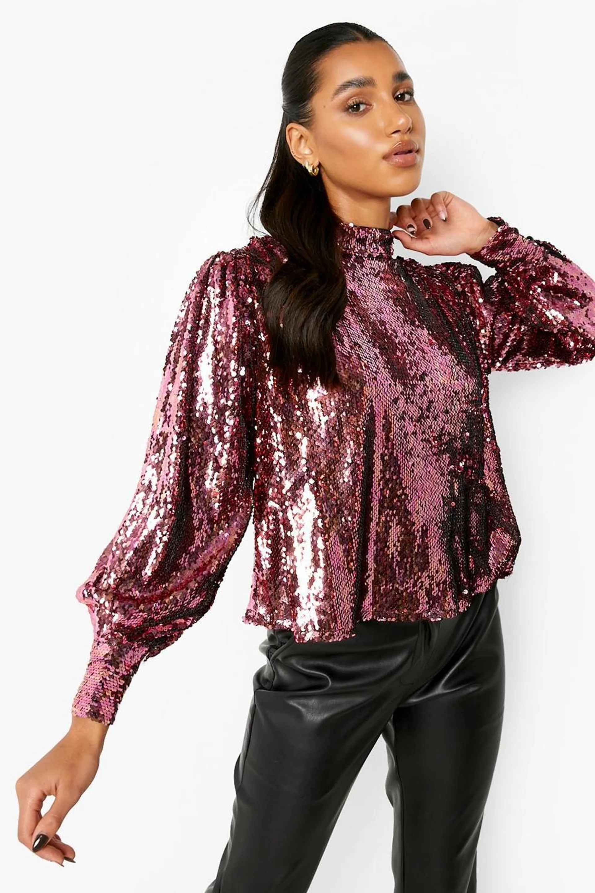 Pink Sequin Volume High Neck Top