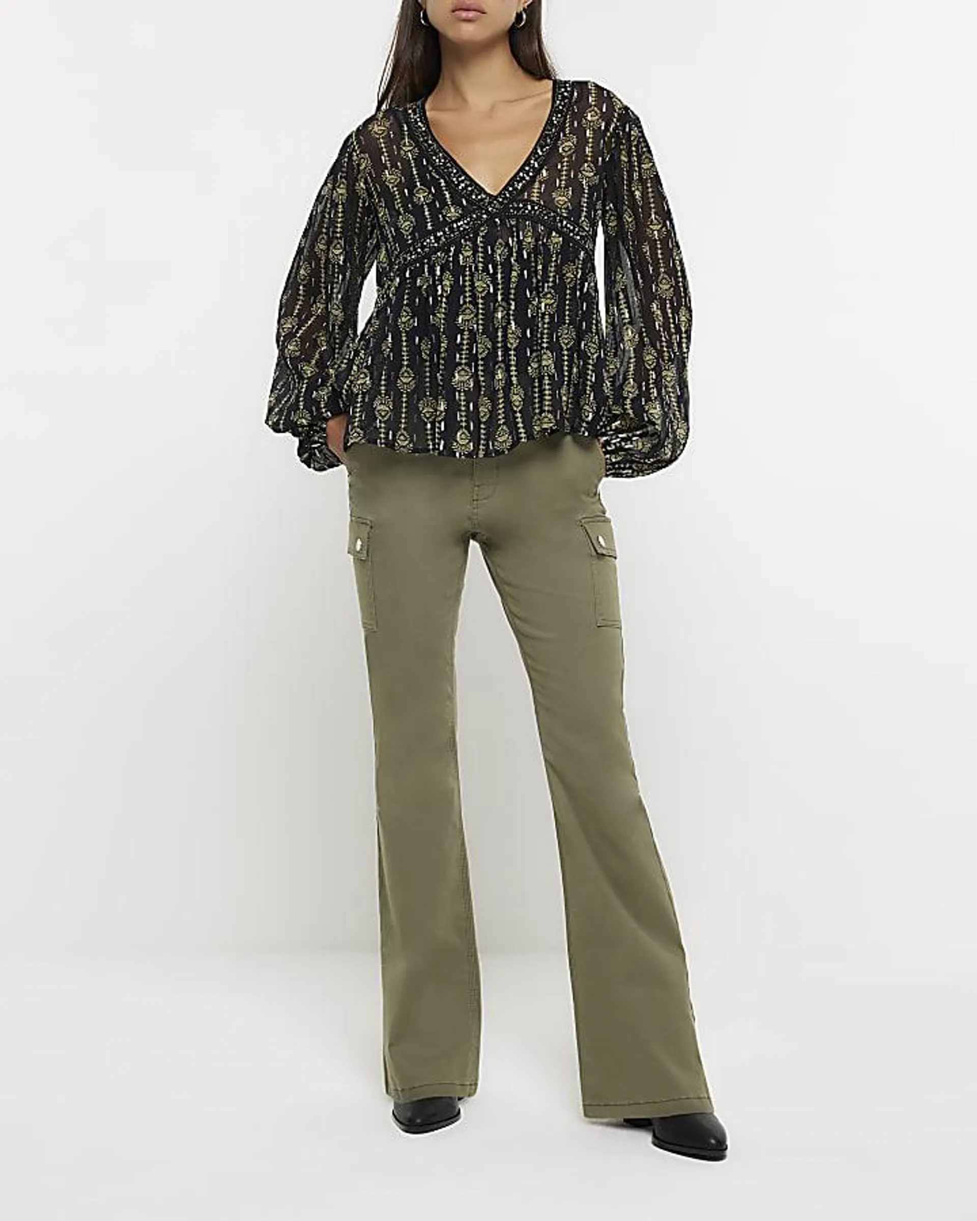 Khaki flared cargo trousers