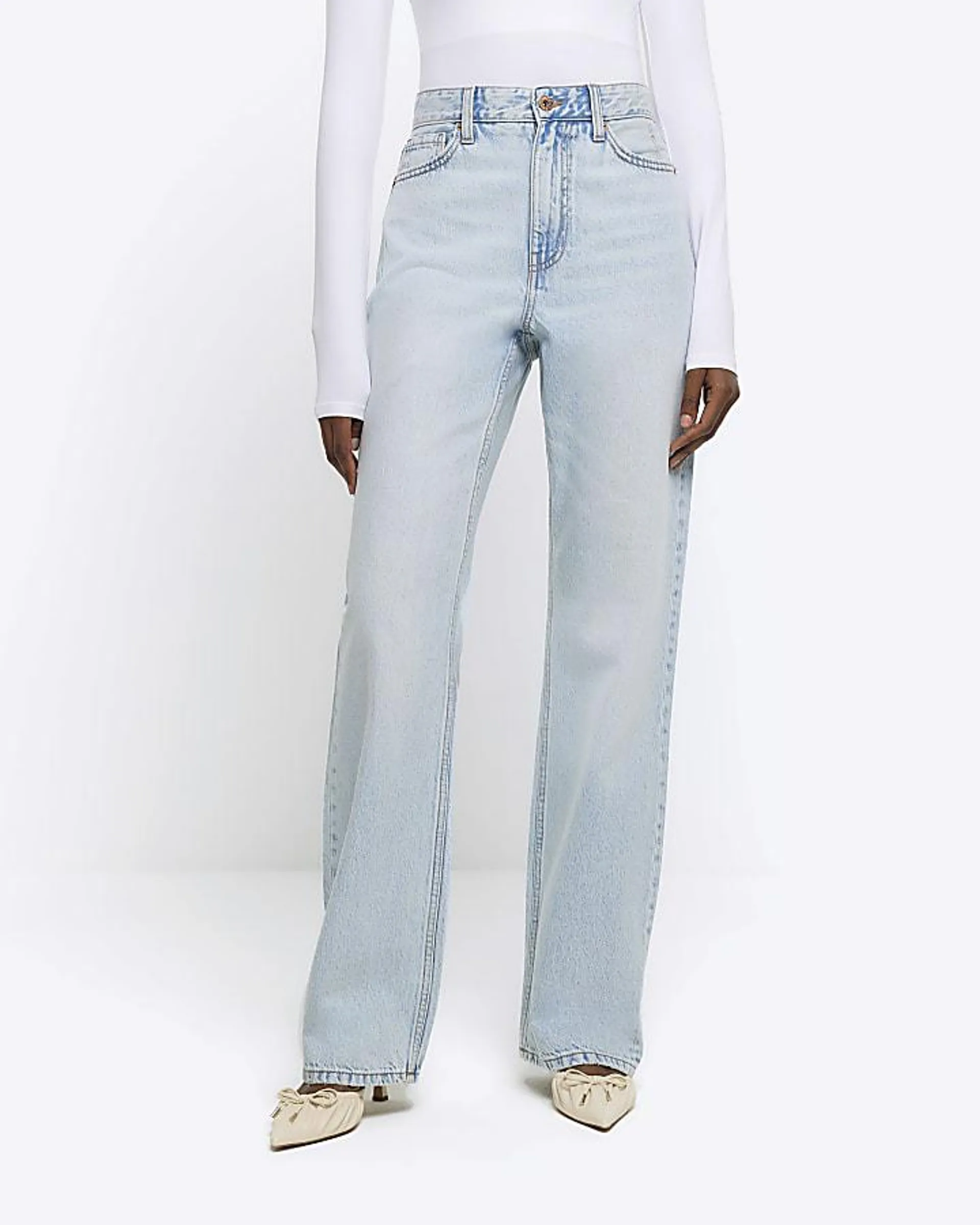 Blue high waisted relaxed straight fit jeans