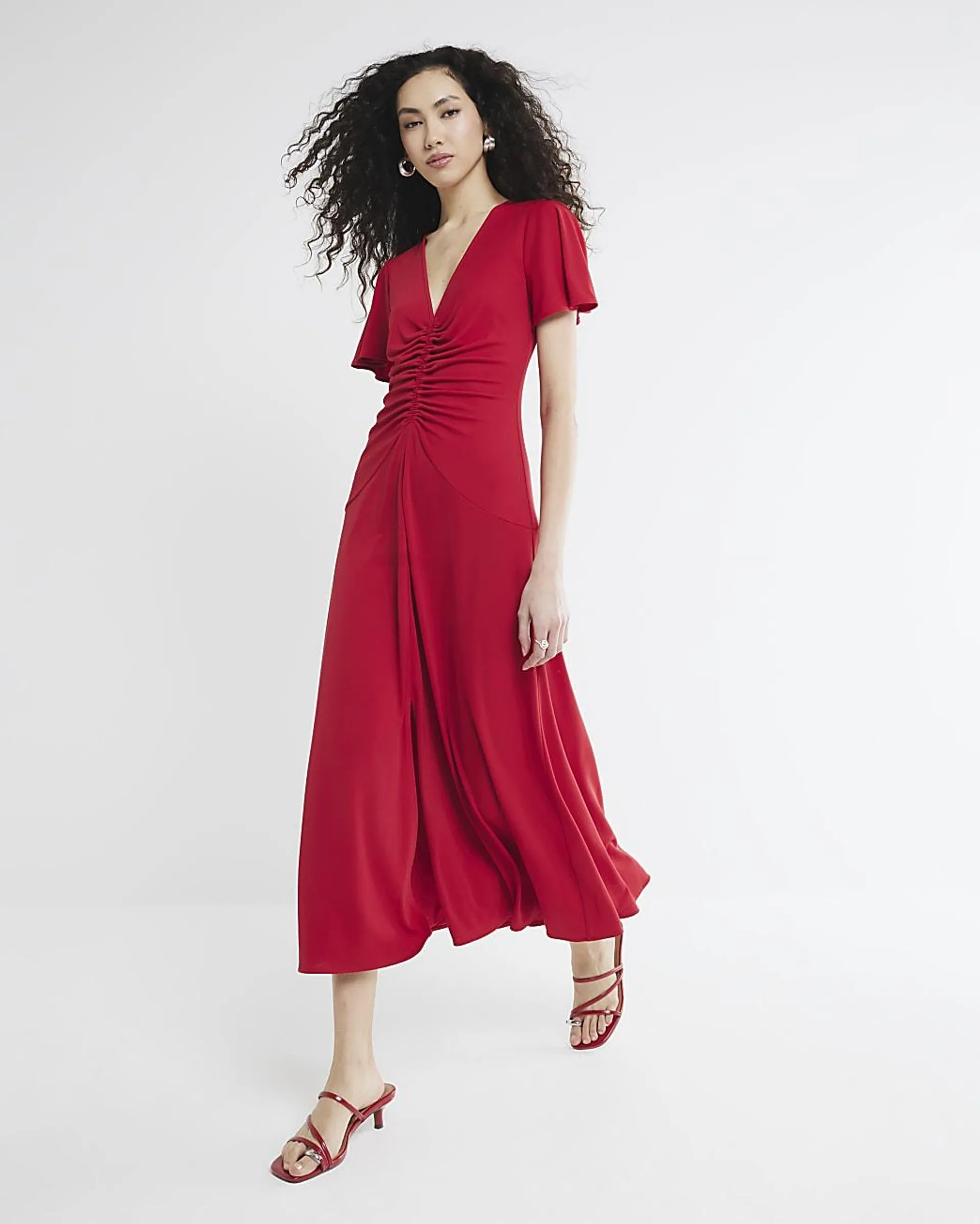 Red Premium Short Sleeve Ruched Midi Dress