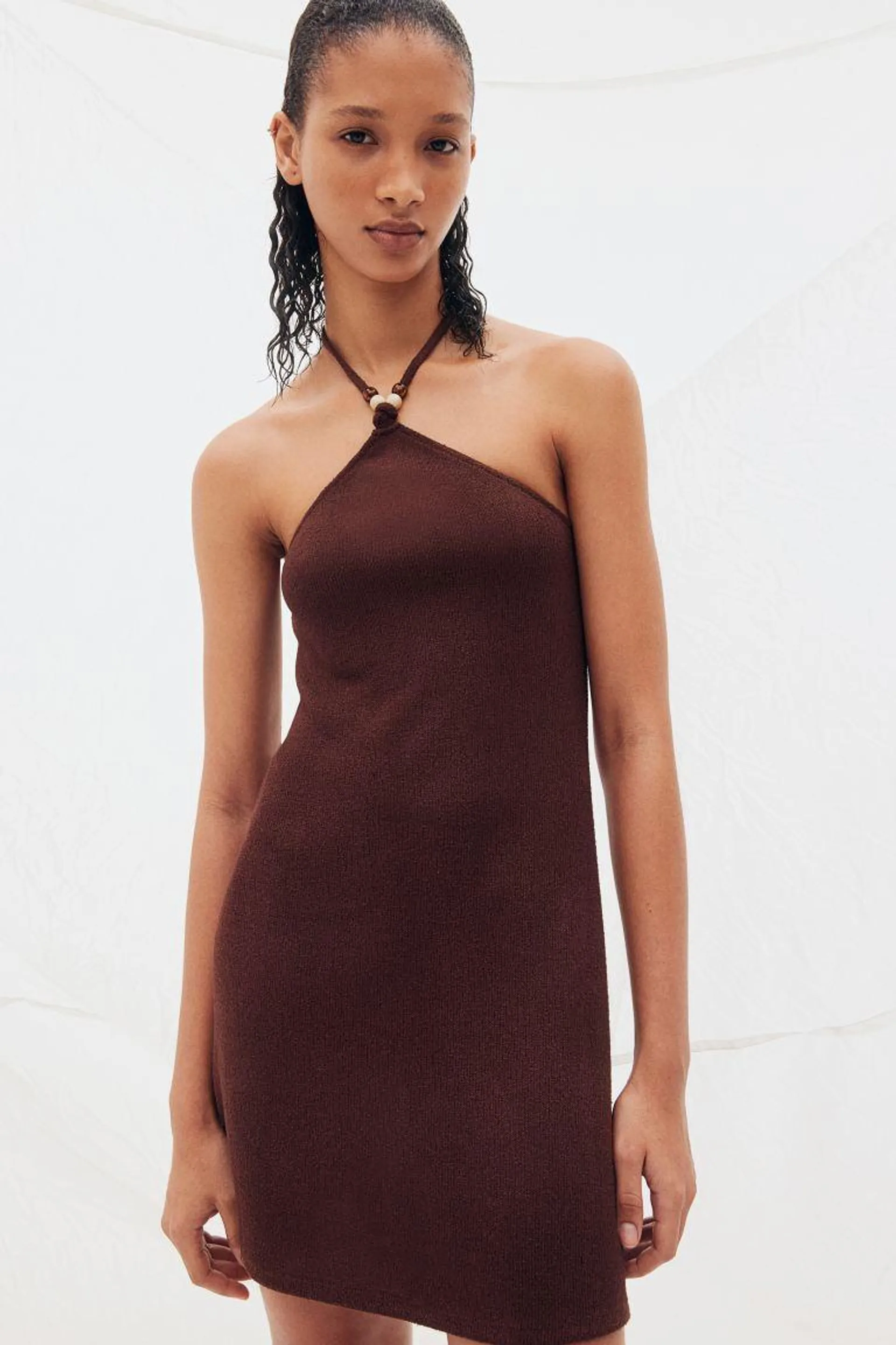 Bead-detail halterneck dress