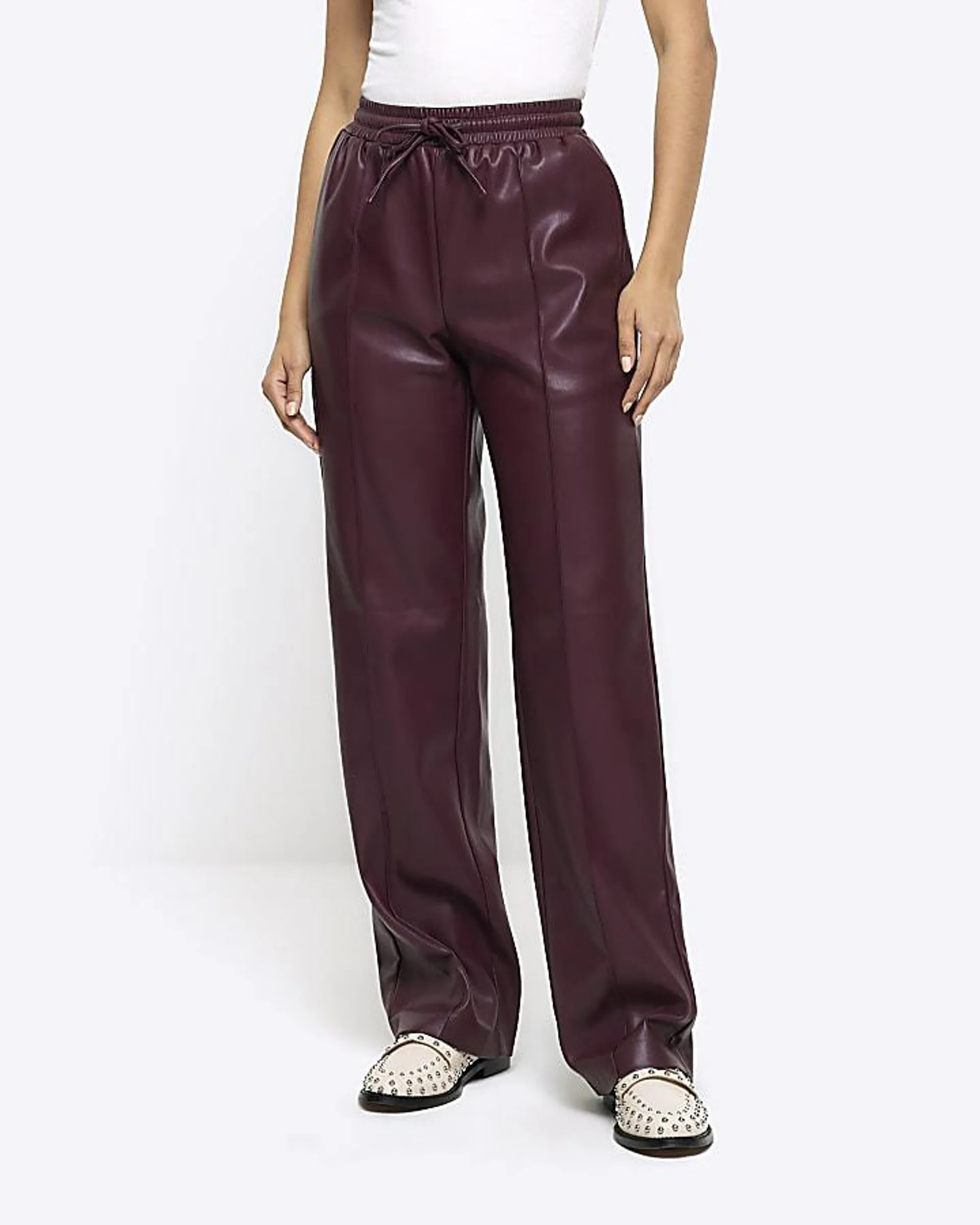 Red faux leather wide leg trousers